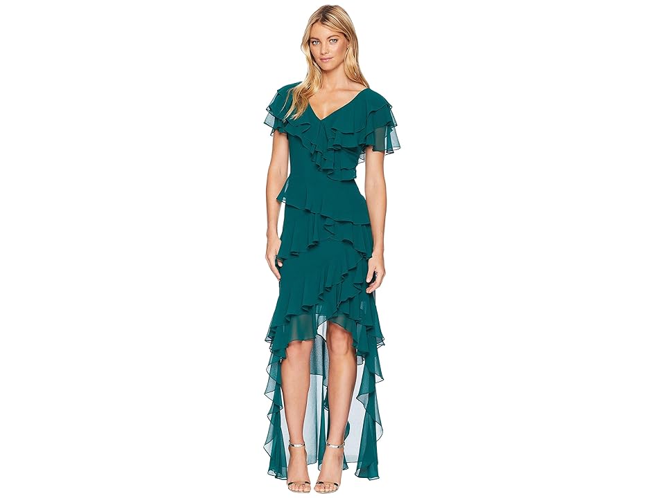 

Badgley Mischka V-Neck Flutter Ruffle (Dark Emerald) Women's Dress