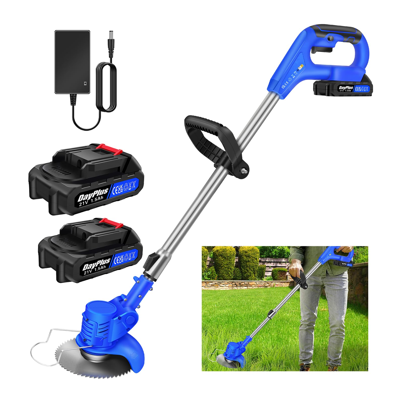 Desbrozadora Eléctrica 21V Ion-Litio Barredora De Hierbas Eléctrica Sin Cable, Ligera Recortadora De Césped, 2* Baterías 1500mAh, 10 Cuchillas Metálicas, 1 Hoja De Sierra Circular, Azul