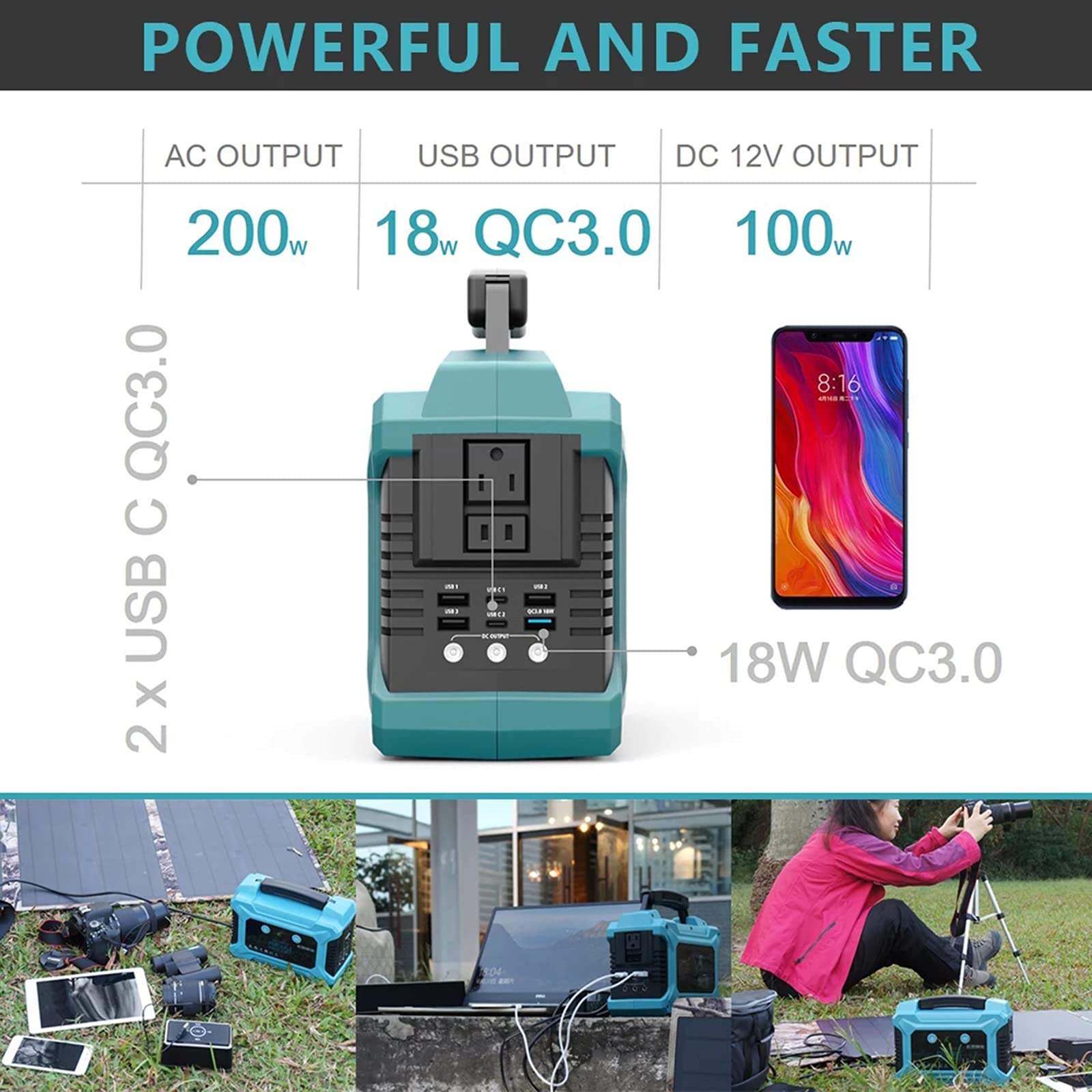 AIZYR Générateur D'onduleur Solaire Portable À La Maison 200W Station De Groupe Électrogène De Camping UPS De Stockage D'énergie avec QC3.0 Double USB C,Us Plug