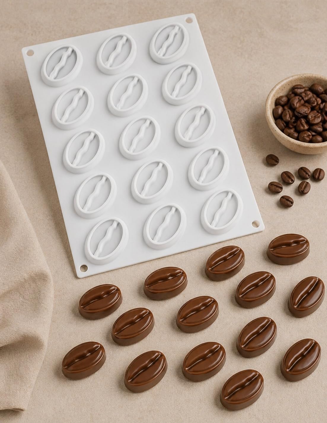 Stampi in Silicone Frutta Realistica 3D per Pasticceria – Set con Varianti Chicco Caffè, Limone Lime, Cacao e Pistacchio con Cutter, Stampo Professionale per Mousse, Semifreddi (Chicco Caffè)