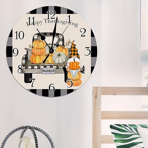 Miniatura 5 de Reloj de pared decorativo con diseño de calabaza de Acción de Gracias, gnomo a cuadros en blanco y negro, reloj de pared de madera, funciona con