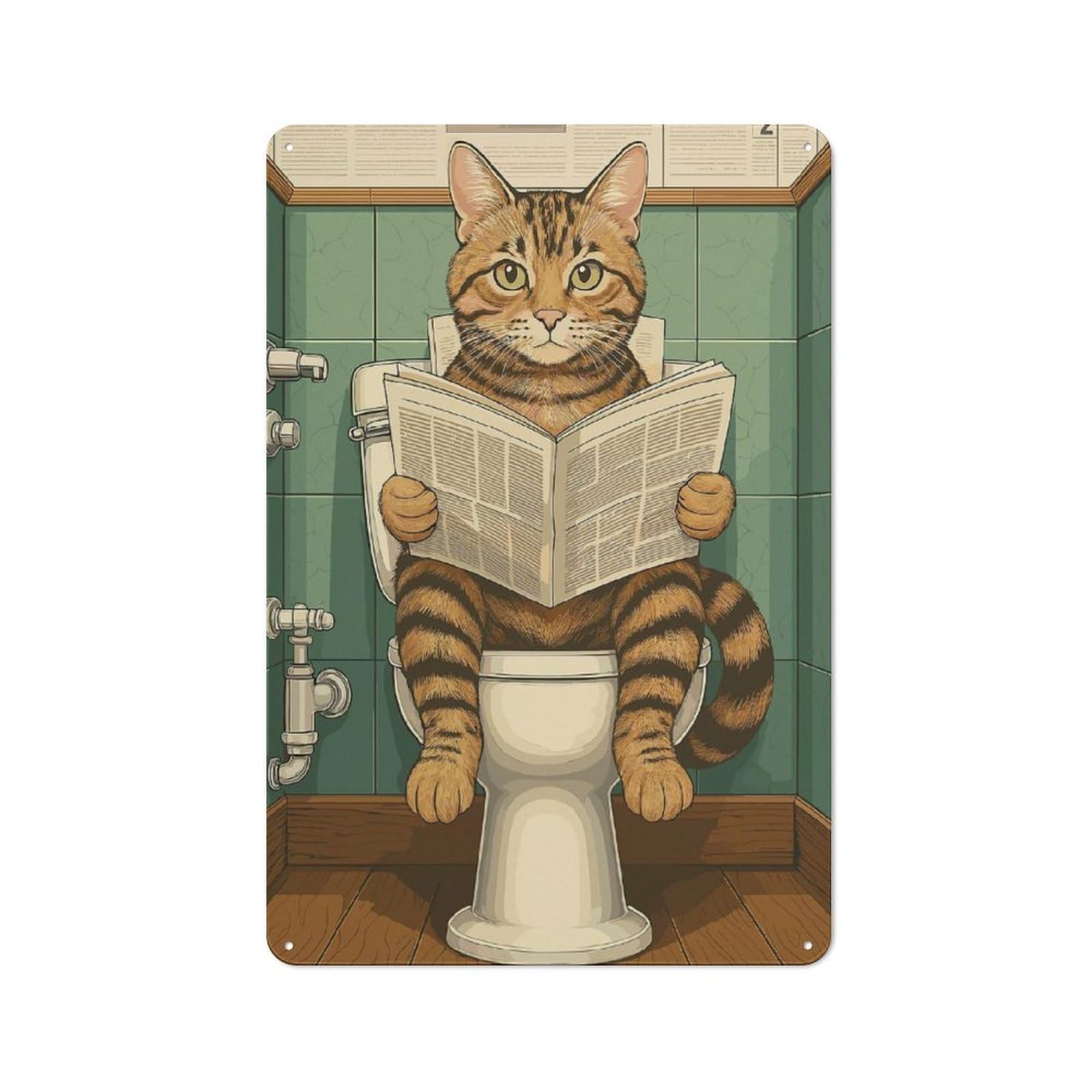 Junmoney Cat Reading Newspaper On Toilet Vintage Metal Sign 30X20cm For Lounge Or Reading Corner, For Garage, Workshop And Man Cave Decoration