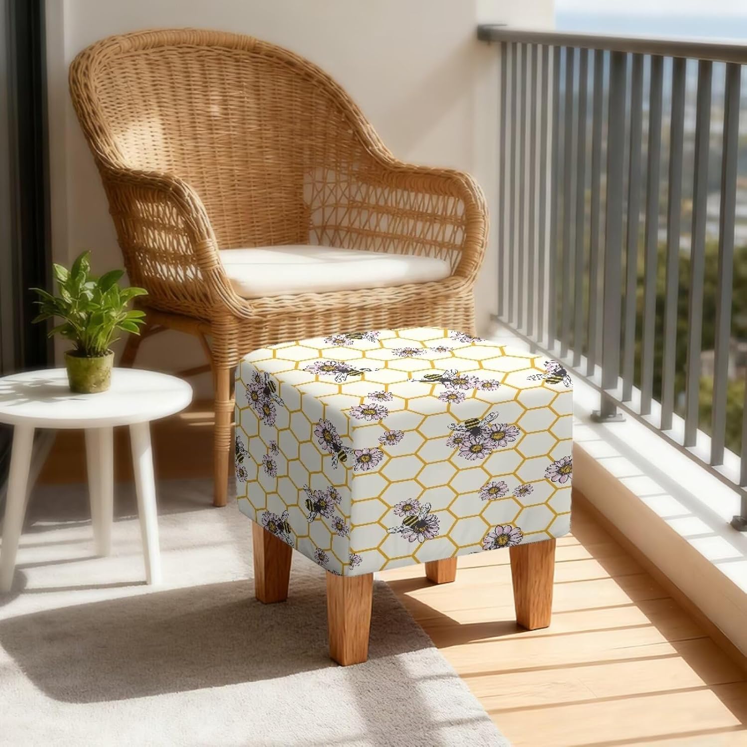 Daisy Honeycomb Bee Print Beige Stretch Ottoman Cover Square Ottoman Slipcovers Furniture Protector, Storage Stool Furniture Protector with Elastic Bottom for Foot Stool