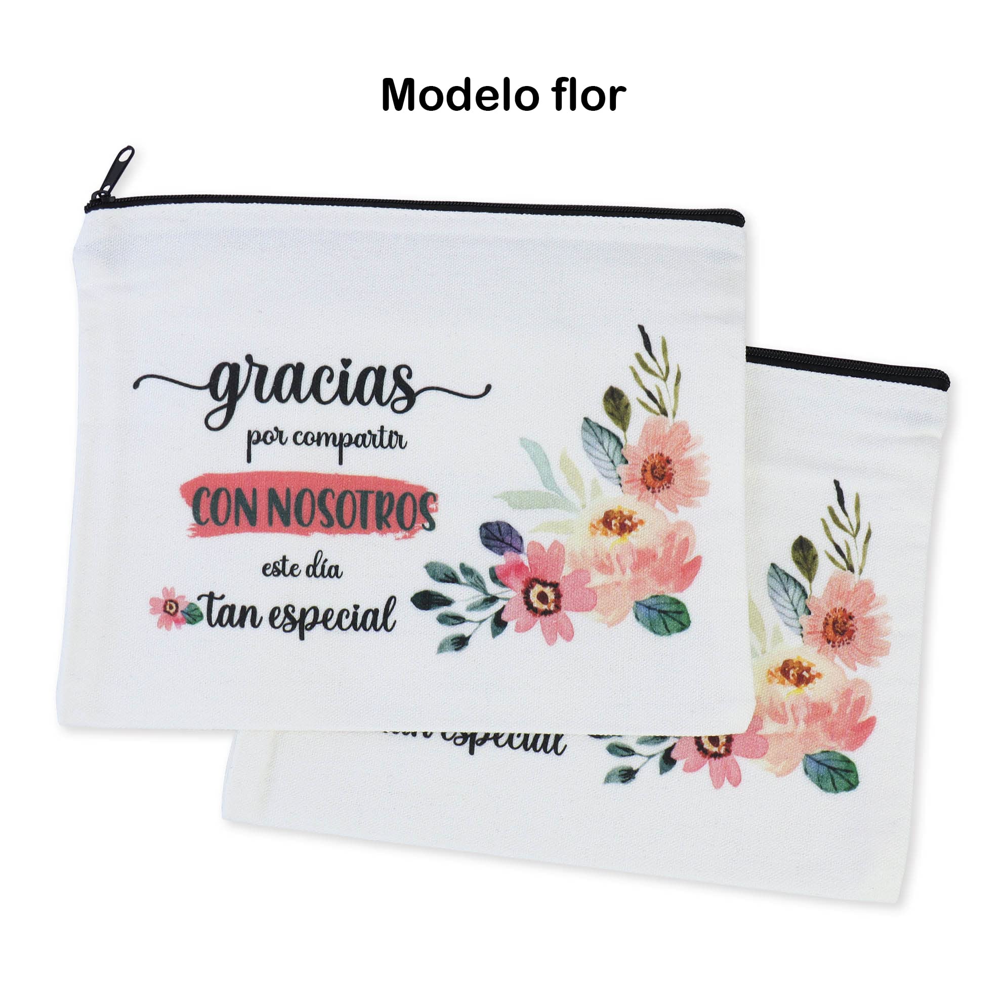 Pack de 12 a 36 uds | Neceser Frase Agradecimiento Invitados | Estilo Natural con Cremallera | 23 x 18 cm | Regalo Boda | 2 Diseños, No Personalizable | Regalantes (24, Flor)