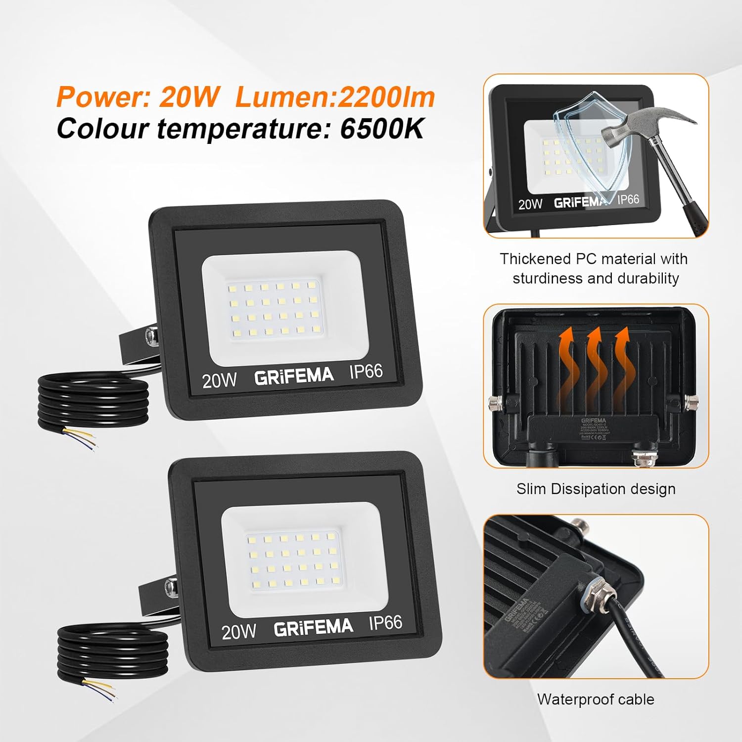 Features of the floodlight including thickened PC material, slim heat dissipation design, and waterproof cable