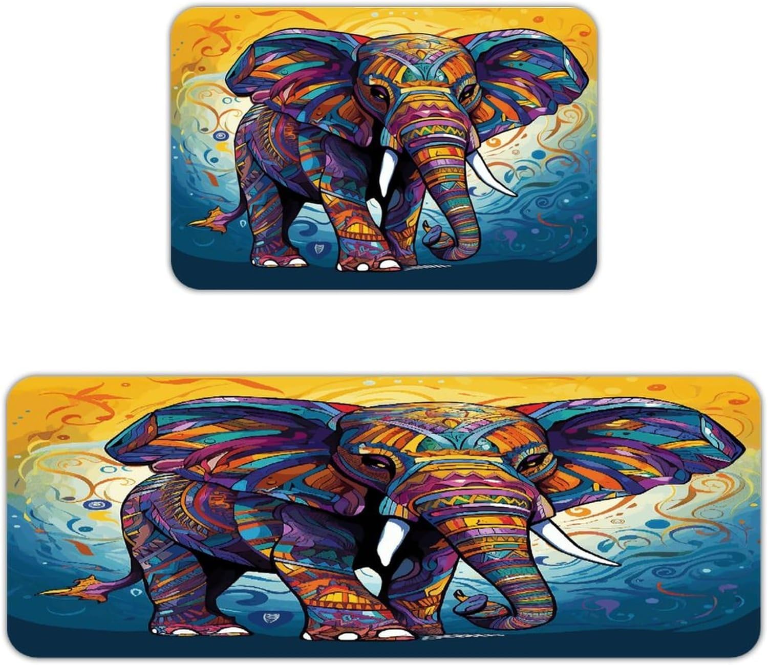 Colorful Elephant Kitchen Mat Set of 2 Ergonomic Comfort Velvet Rugs Cushioned Anti-Fatigue Non-Slip Standing Mats Thick Kitchen Floor Mat Carpet Runner Rugs 16"×24"+17"×47"