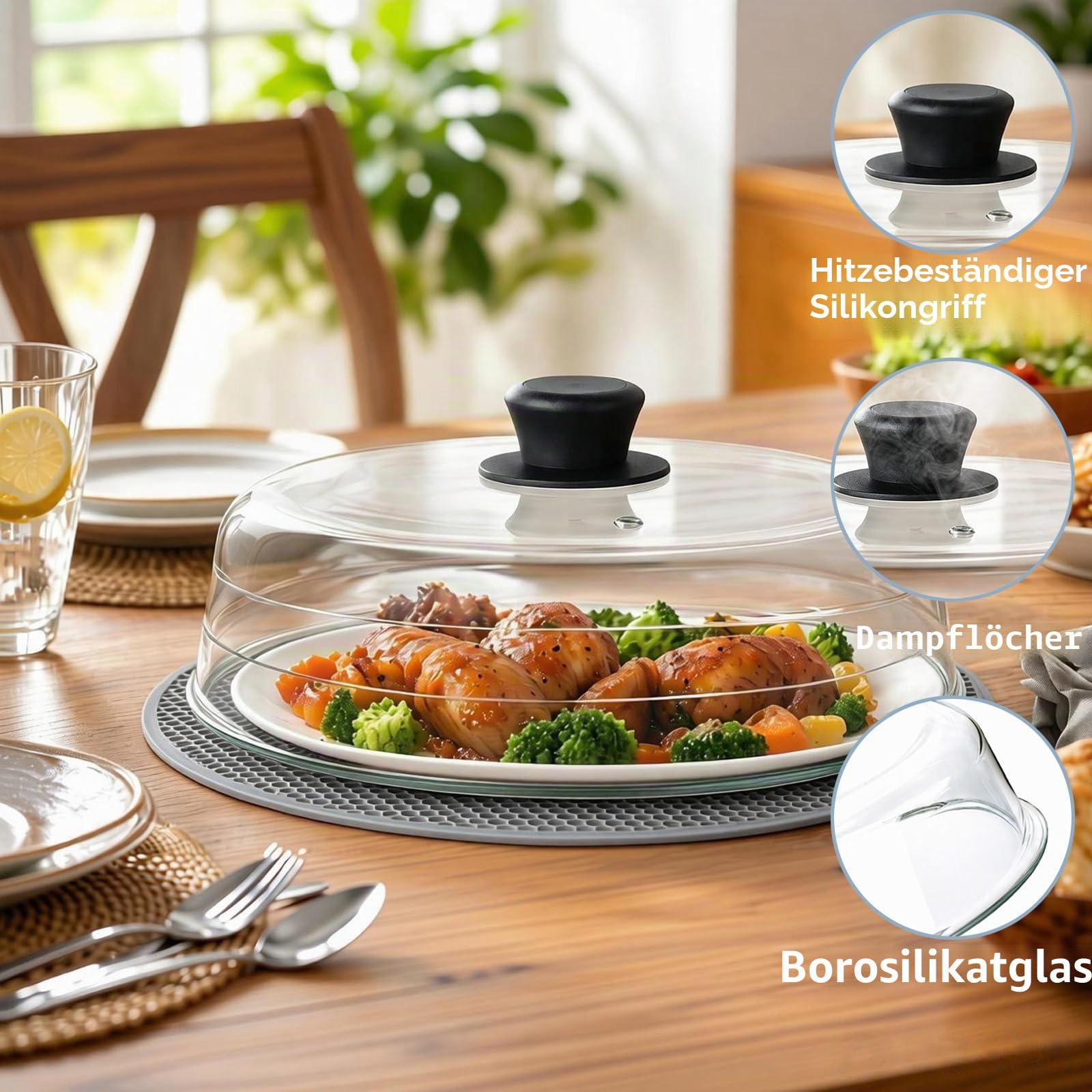 YBCPACK Mikrowellen Abdeckung Glas mit Silikonmatte, 26,5 cm Abdeckhaube Mikrowelle mit Griff – BPA-freier Microwave Cover für Lebensmittel (Spülmaschinenfest)