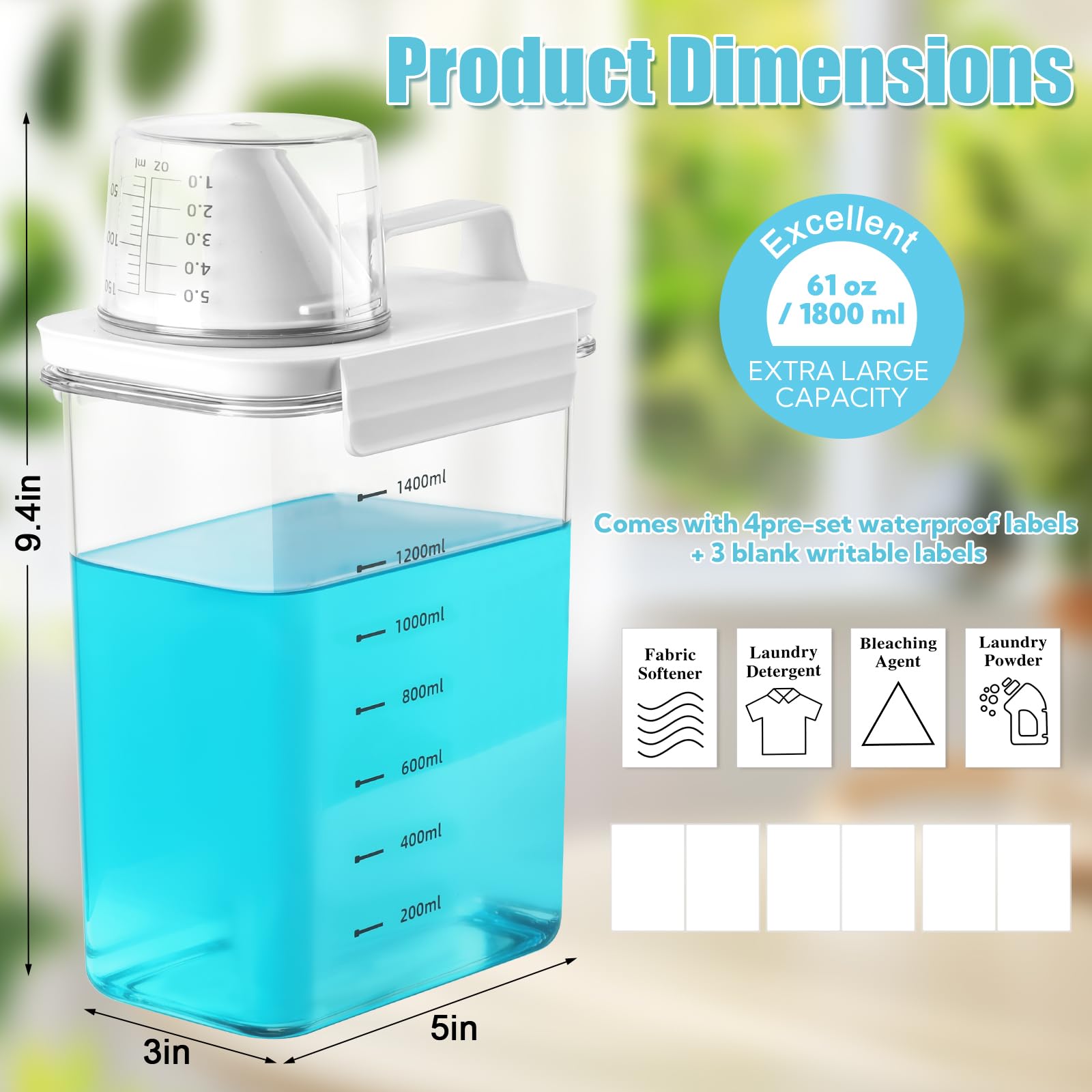 Waschmittelspender, Kunststoff, 1,7 l, Flüssigwaschmittelspender mit Etikett, Pulverbehälter und Duftverstärker, Perlen, Spender, Weichspüler-Halter für Waschküche, transparent, 4 Stück
