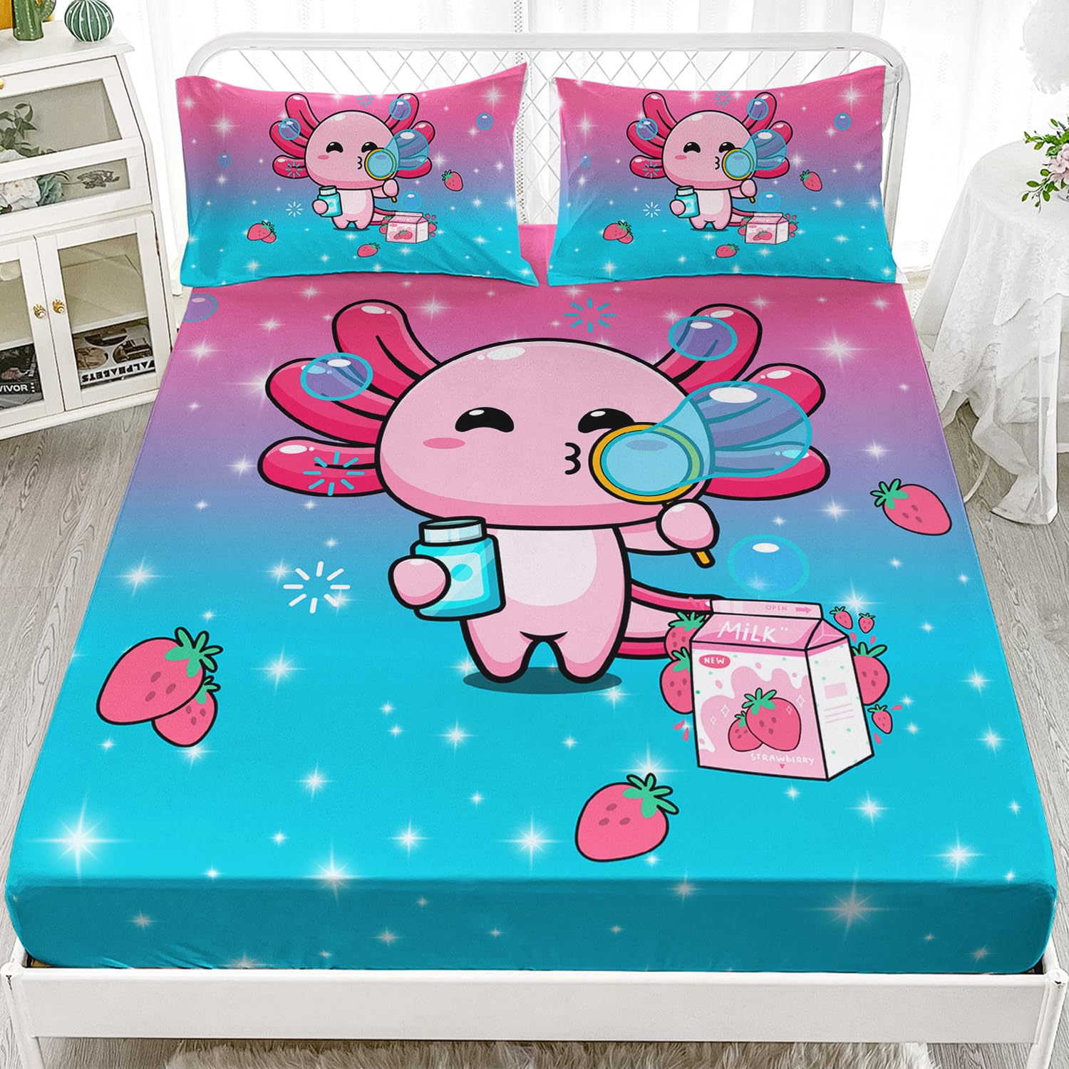 Kids Axolotl & Doughnut Twin Sheet Set - 3-Piece Microfiber Fitted Sheet With 2 Pillowcases