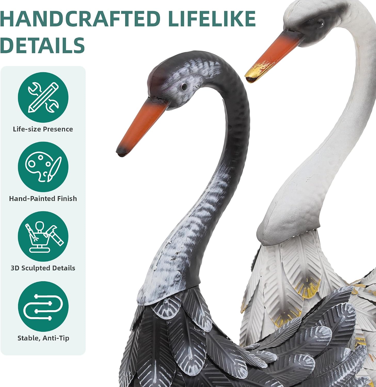 19" Large Swan Statue Set of 2, Handcrafted Lifelike Swan Sculptures Decor with Secure Stakes, Weatherproof Metal Yard Art for Outdoor Indoor Decor, Ideal Gift for Mother's Day/Weddings