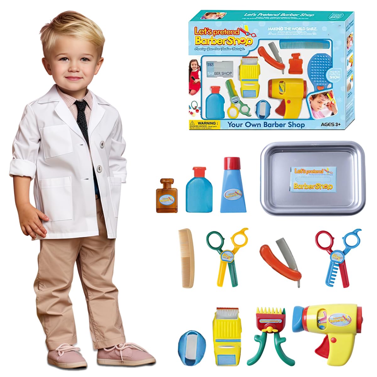 Boys Girls Pretend Play Barber Set Stylist Hairdresser Role Play Hair Dryer Scissors Beauty Play Set and Accessories