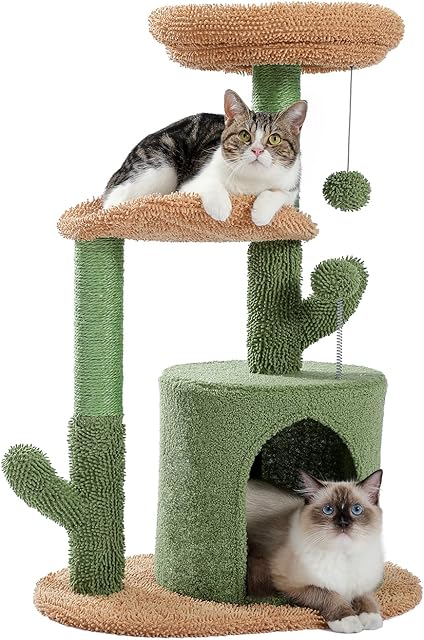 Amazon Brand Umi Cactus Cat Tree Modern Cactus Shape Cat Scratching Post for Kitten Cat Play Tower with Hammock Fluffy Dangling Balls for Indoor Cats 83.5cm/32.9inches Green