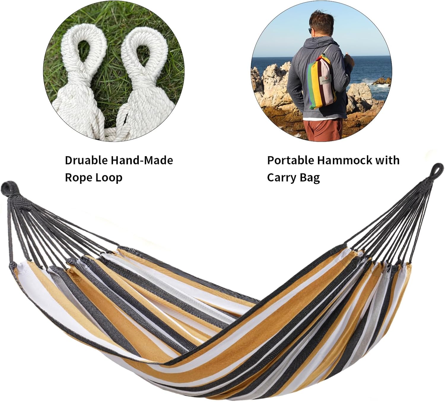 CHULIM Brazilian Double Hammock with Tree Straps,Extra Large 94x63IN,2 Persons Hammock for Backyard Patio Outdoor and Indoor,450lbs Weight Capacity,Soft Woven Cotton Fabric - Coffee Stripe