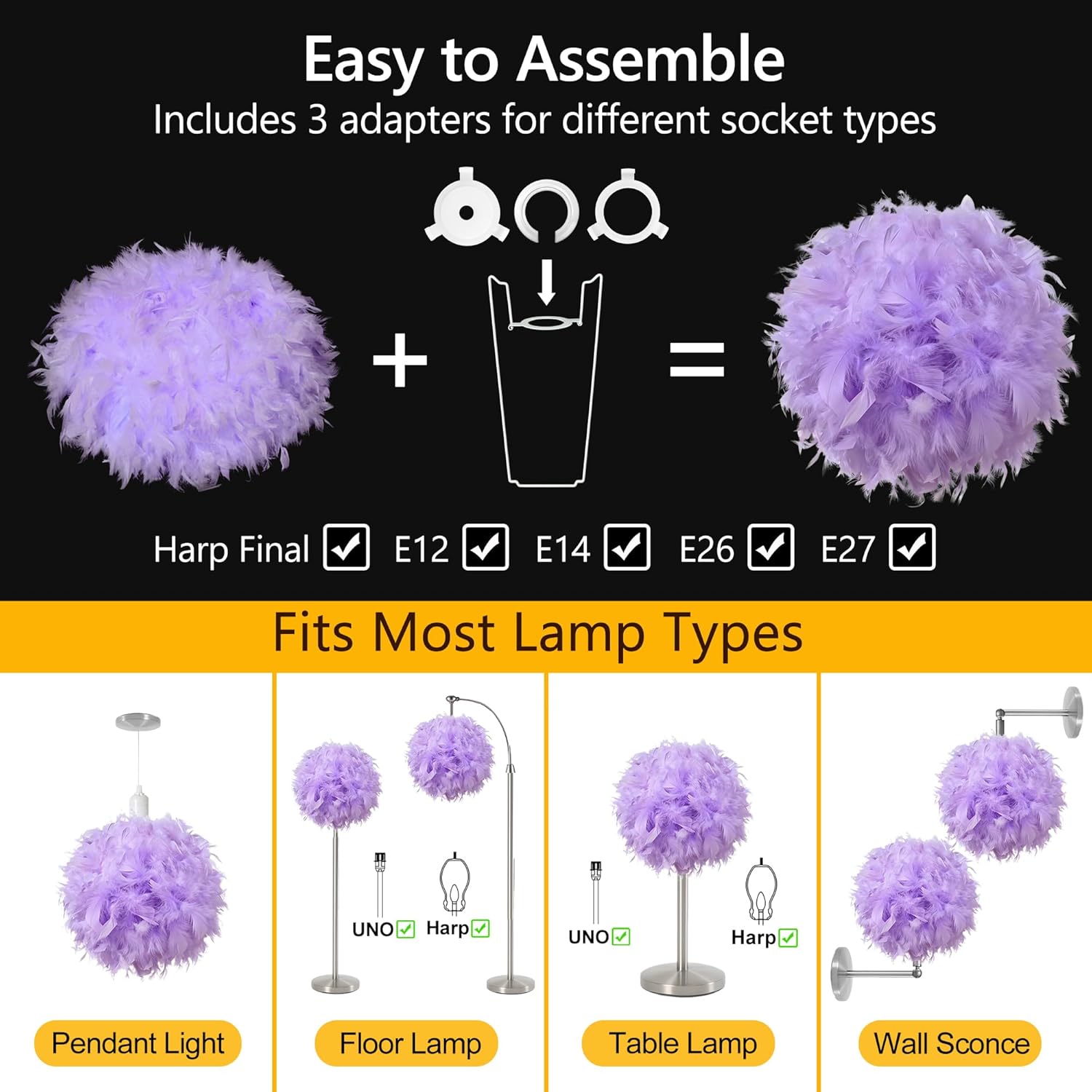 Waneway 15.7 inches Feather Lamp Shade for Ceiling Pendant Light, Lampshade for Table Lamp and Floor Lamp for Living Room, Bedroom, Wedding or Party Decoration, Purple