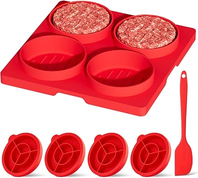 snuggery Silicone Hamburger Press Patty Maker with Adjustable Thickness, 4-Cavity Burger Patty Maker Burger Mold with Lids and Scraper for Meal Prep, Portion Control, Freezer Prep, Dishwasher Safe