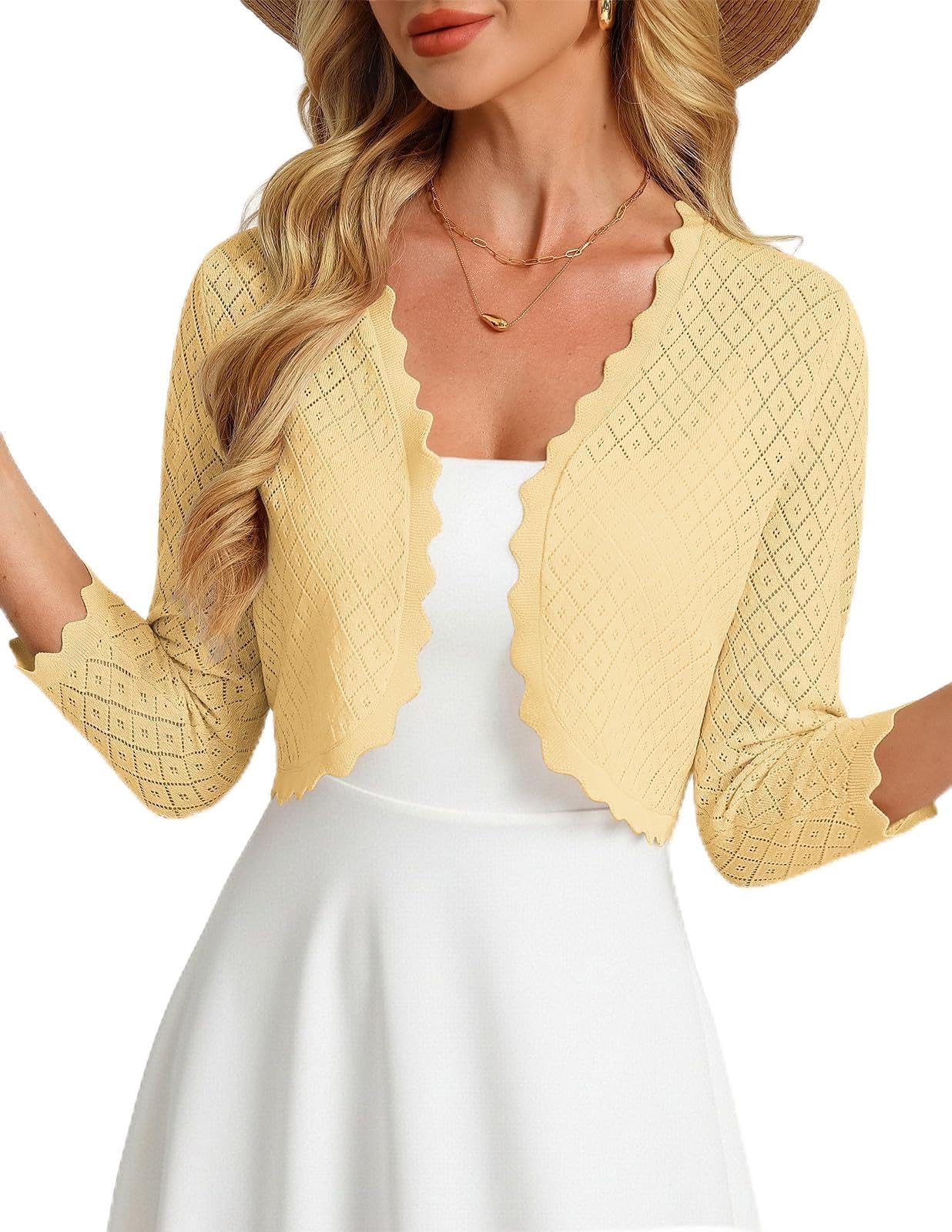 GRACE KARIN Womens Bolero Shrug 3/4 Sleeve Crochet Cropped Cardigan Open Front Knit Shrugs for Dresses