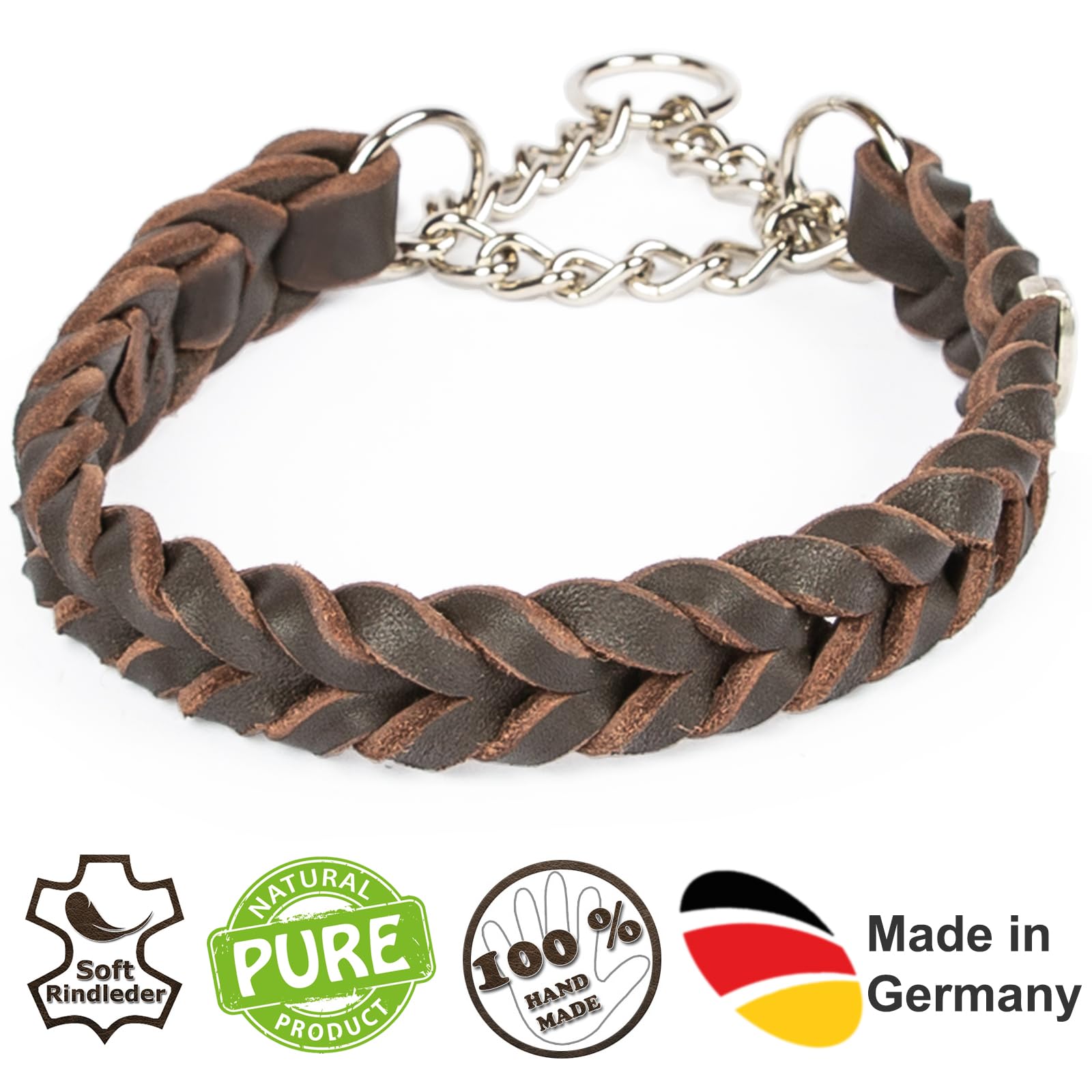 CopcoPet – Collare in pelle grassa intrecciato con catenina, marrone, 60 – 65 cm x 25 mm