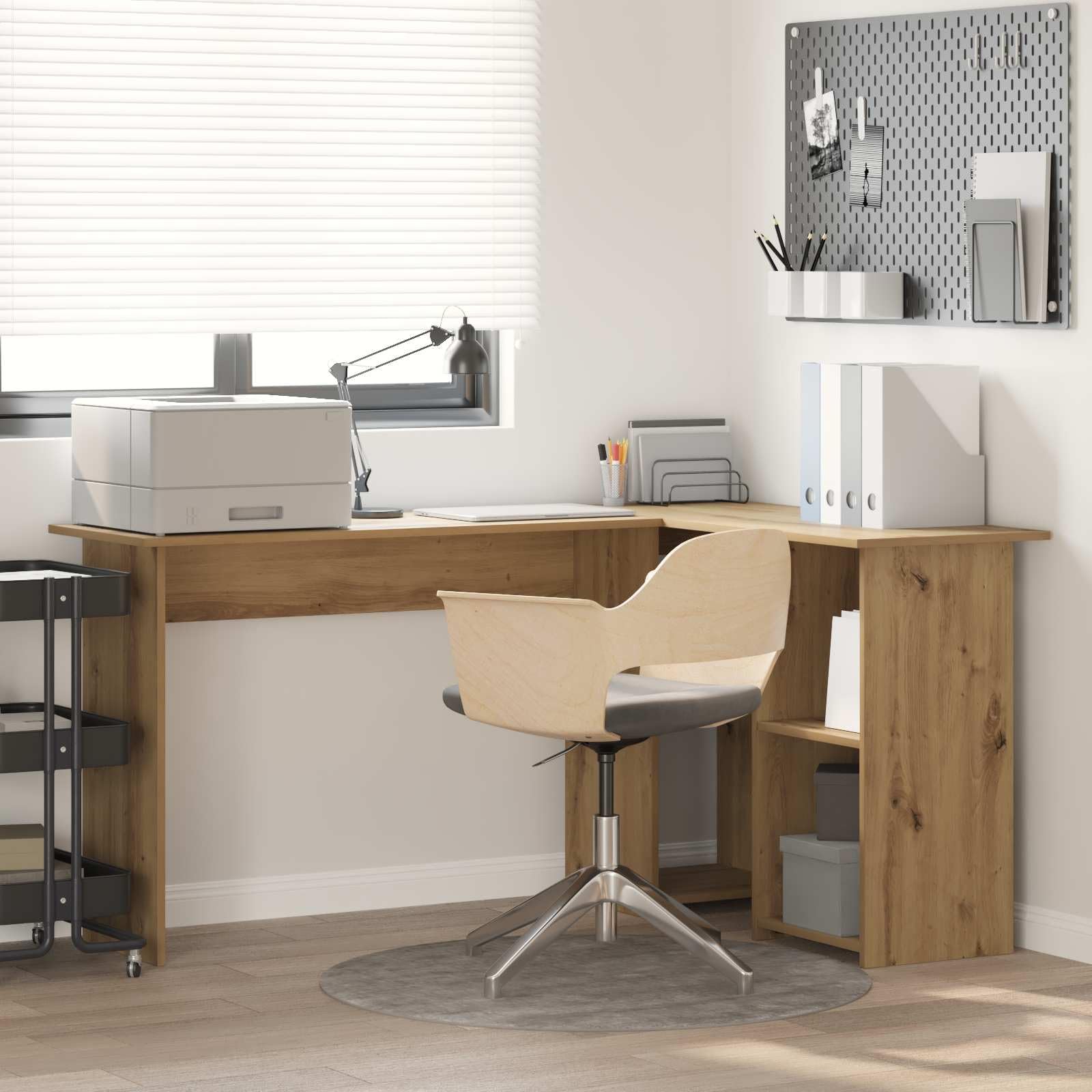 Bureau d'angle informatique chêne artisanal avec rangement pour espace étude et télétravail
