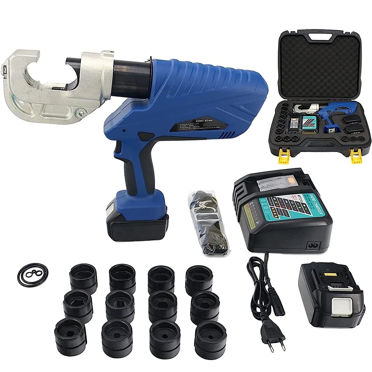 Zaciskarka hydrauliczna do akumulatora, 16-400 mm², przemysłowe, elektryczne narzędzie do zaciskania końcówek kablowych z 12 zestawami matryc do przewodu zaciskowego