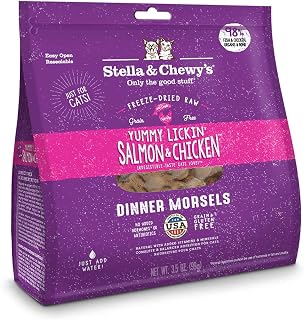 Stella & Chewy’s Freeze-Dried Raw Cat Dinner Morsels – Grain Free, Protein Rich Cat & Kitten Food – Yummy Lickin’ Salmon & Chicken Recipe – 3.5 oz Bag