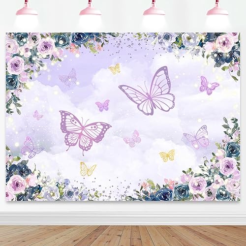 Miniatura 8 de Mocsicka Telón de fondo de mariposa violeta con diseño floral para niña, decoración de fiesta de mariposa, boda, cumpleaños, mariposa, baby shower,