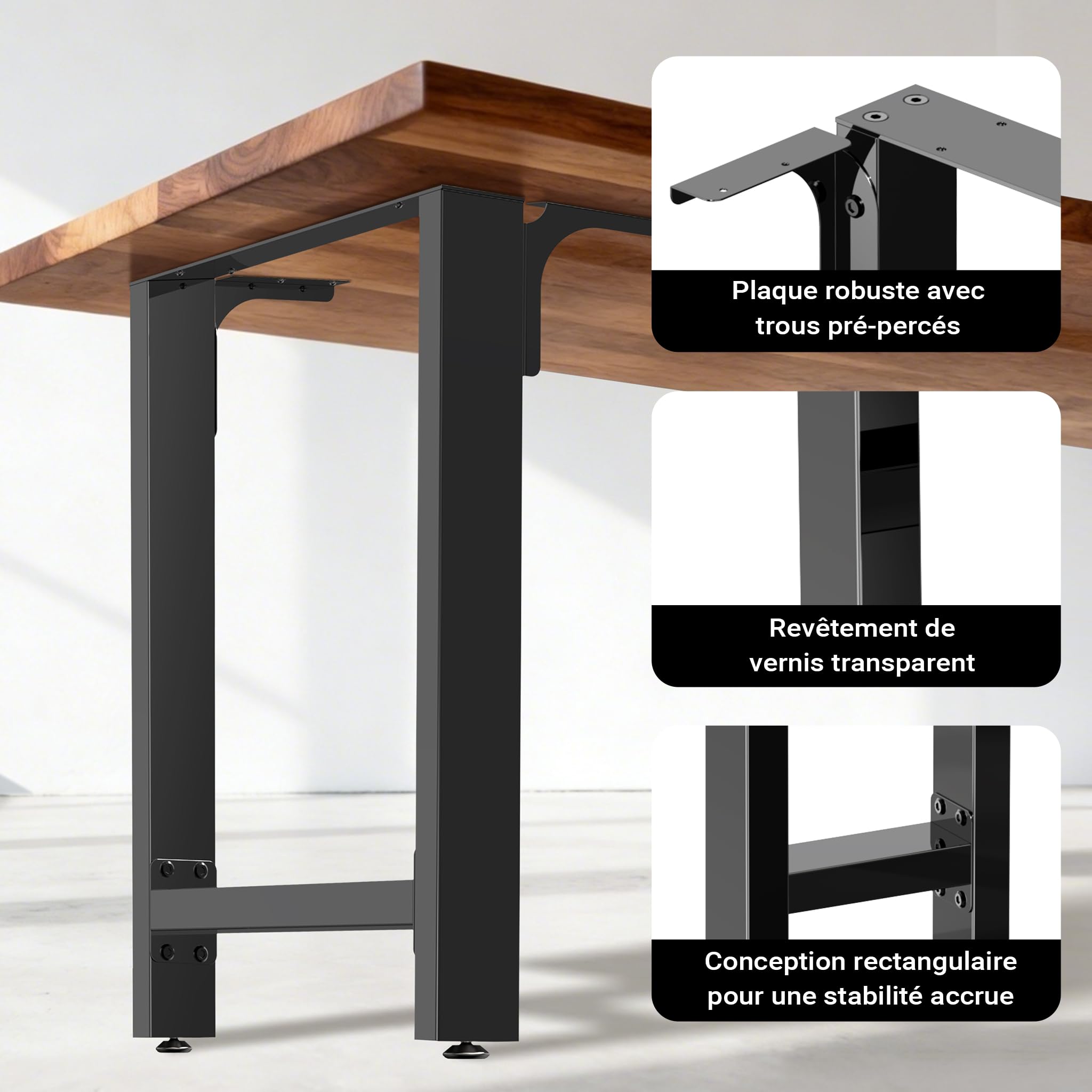 WilTec Pieds de Table en Profil carré - 600 x 240 x 720 mm - Couleur Noire, Transparent - en Acier - Revêtement par Poudre - Piètement Support Bureau pour Plan de Travail Salle à Manger