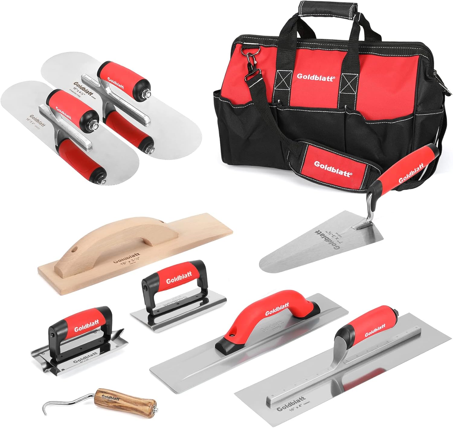 Goldblatt 8 Piece Masonry Hand Tool Set & 2 Pieces Stainless Steel Trowel Set - Includes Finishing Trowel, Gauging Trowel, Groover, Edger, Extruded Magnesium Float, Wood Float, Wire Twister, Tool Bag