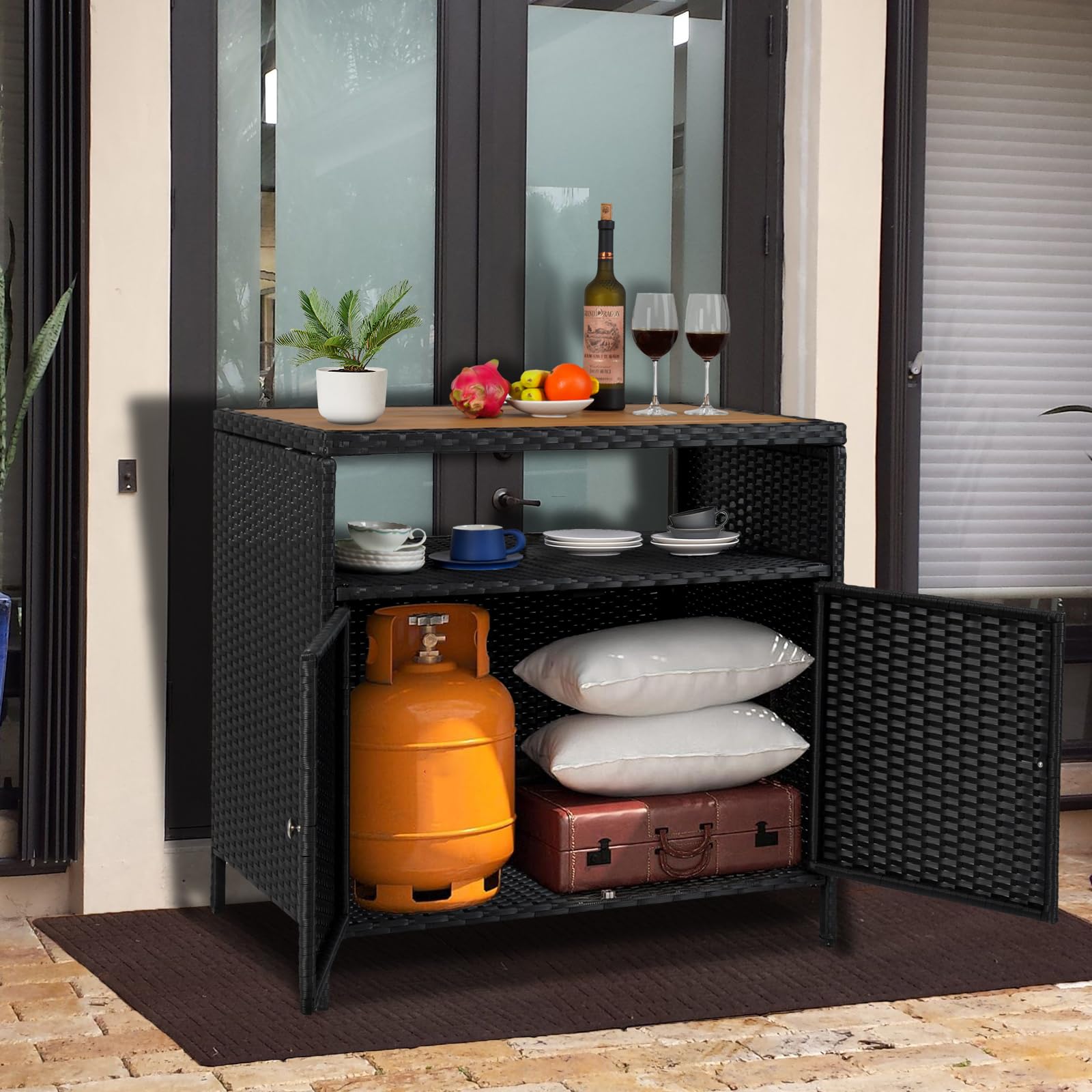 Terrassen Outdoor-Geflecht-Aufbewahrungsschrank mit Regal, pulverbeschichtetem Stahl, Bar-Tisch mit 2 Türen und Ablage, wetterfestes Kunststoffgeflecht, für Terrasse, Pool, Garten, Küche, braun