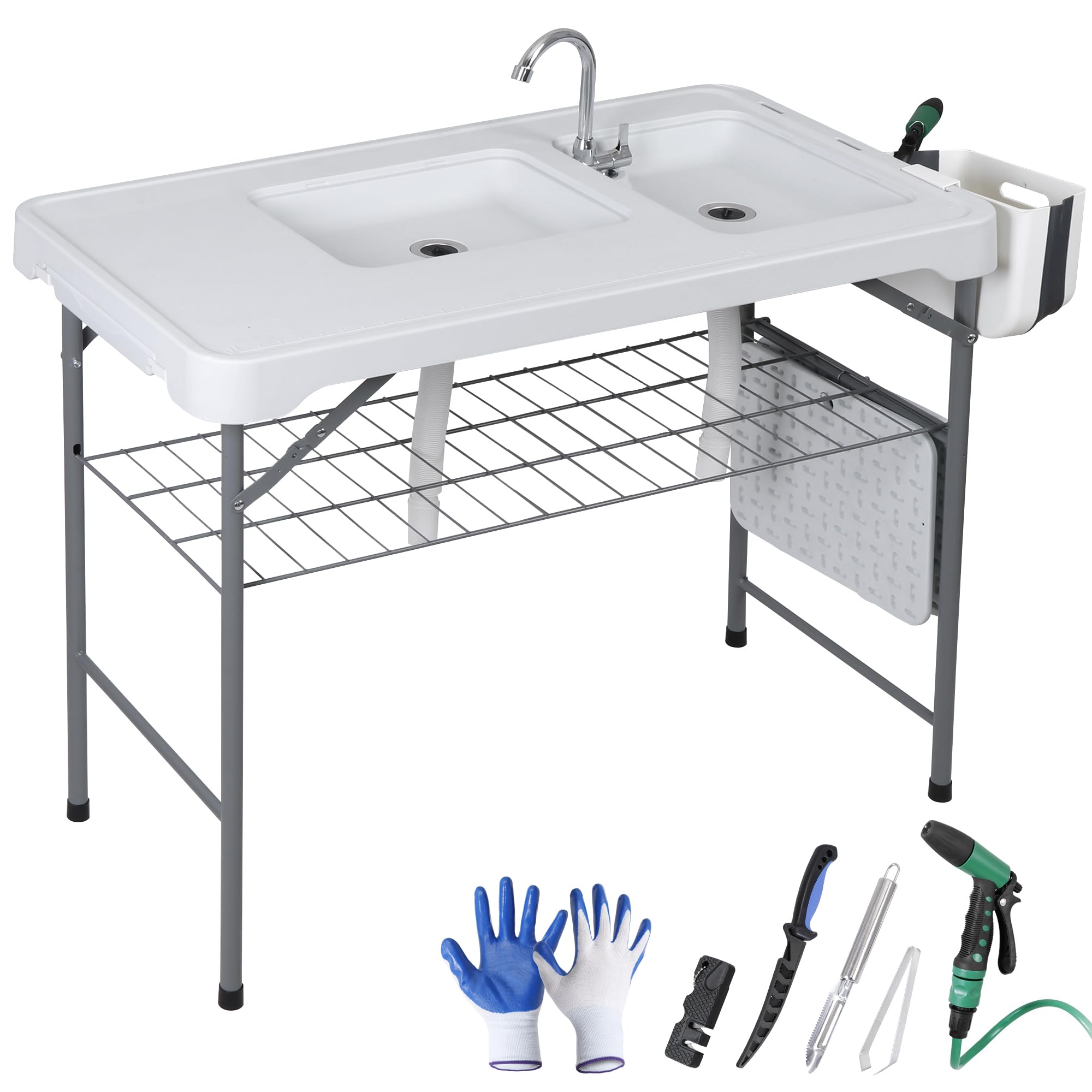ZENY Fish Cleaning Table with Sink, 42.4" Width Portable Folding Camping Table, Outdoor Fish Cleaning Station with Grid Rack and Fish Cleaning Kit for