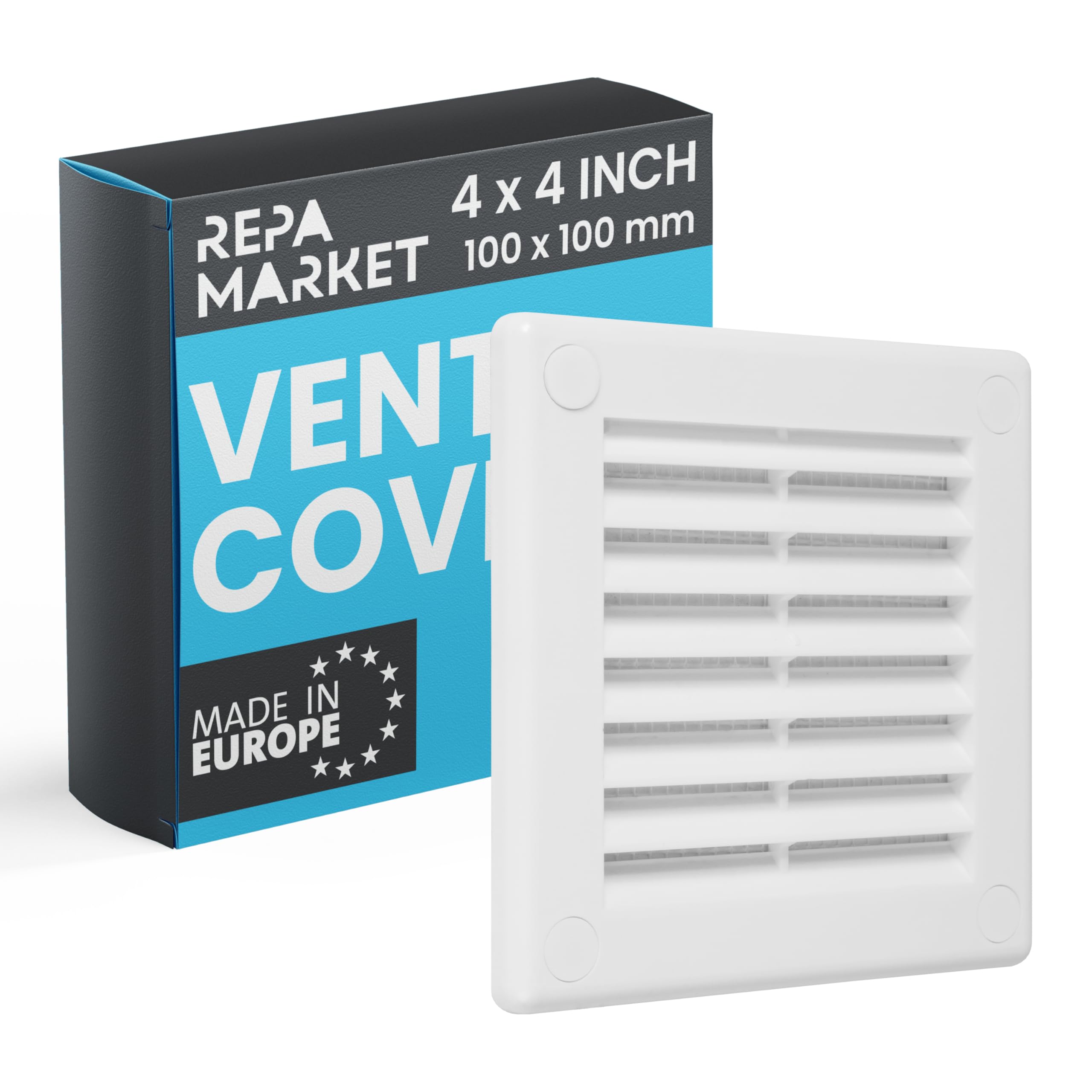 Repa Market 4 x 4 Inch / 100 x 100mm (Outer Size) White Square Air Vent Covers for Walls - Plastic Intake Air Vents - Grill Cover w/Nylon Mesh Screen - HVAC Ceiling Ventilation Grilles