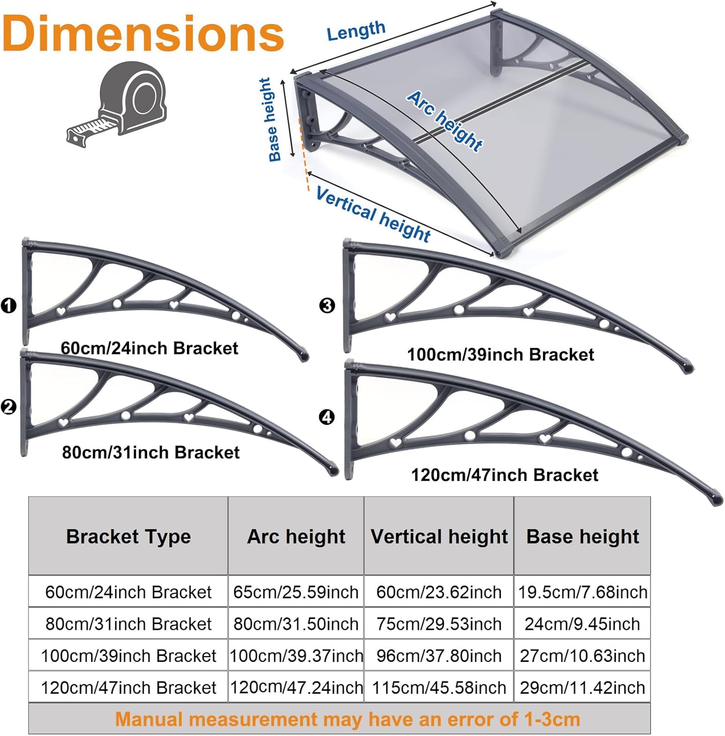 Door Canopy Window Awning, 24" x 31" Awnings Overhead for Patio Doors Exterior Outside Rain Sun UPF 50+ UV Protection, Brown Transparent Polycarbonate Panel Cover