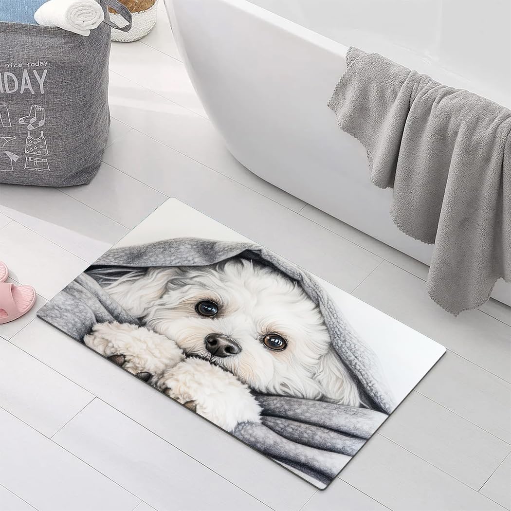 Dog in Blanket Printed Bathroom Rug Non - Slip Washable Rubber - Backed Bath Mat 16"x24"