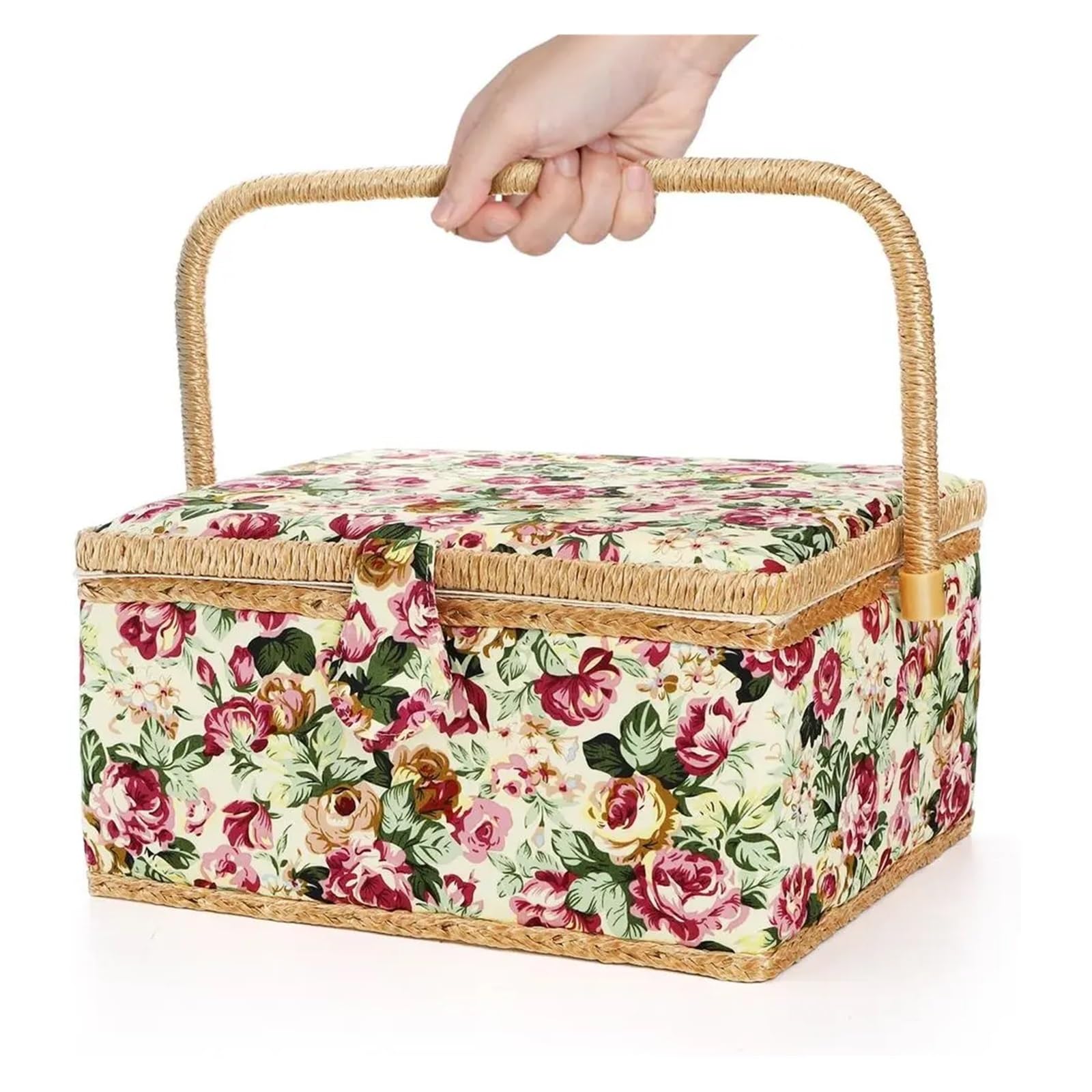 Cesta de costura Large Sewing Basket, With Removable Tray, Rose Floral Print Design Kit Storage Box