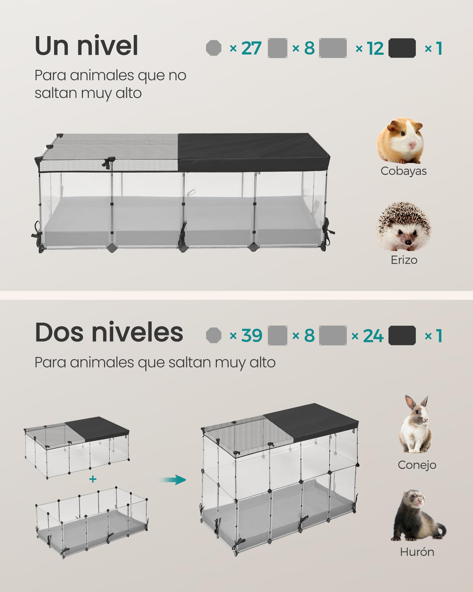SONGMICS Parque Enclos, Recinto para Pequeños Animales, Paneles Semi-Transparentes, Lona Respirativa, Alfombra Impermeable, para Conejo, Erizo, Cerdo de Indias, Hurón, 144 x 74 x 47 cm, Blanco Nube