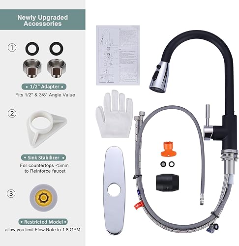 Miniatura 7 de WOWOW - Grifo de cocina negro y cromado con rociador, grifo de fregadero de cocina de acero inoxidable de arco alto, 1 o 3 agujeros, grifo de cocina