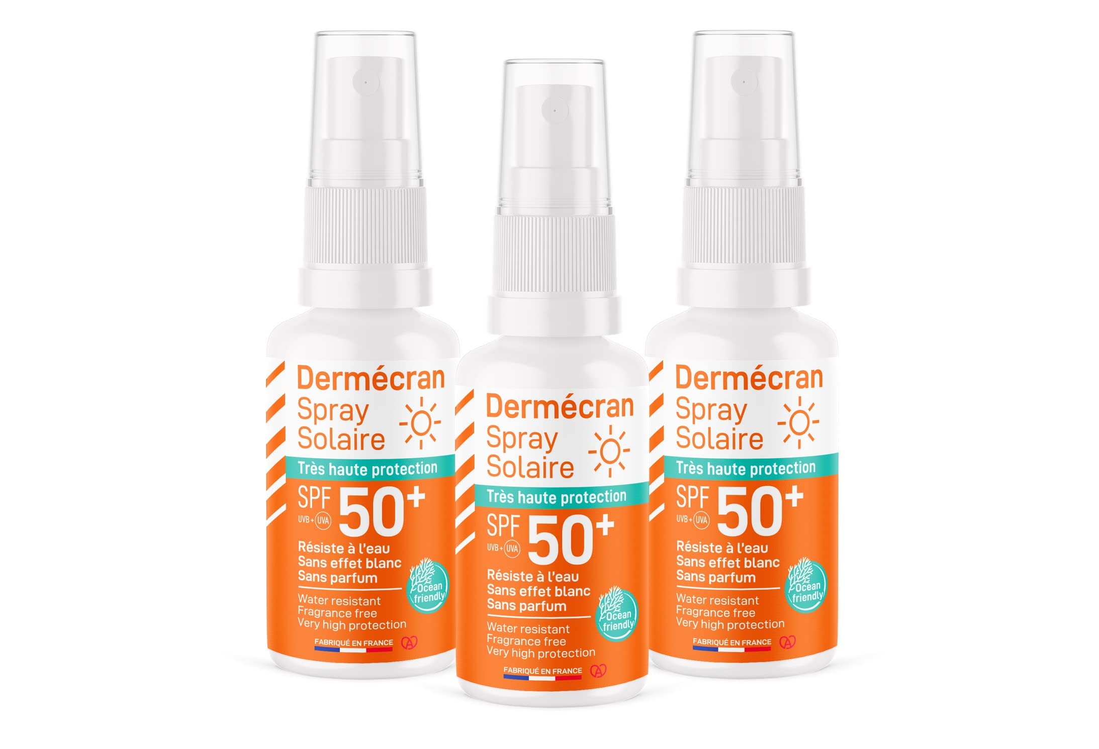Set di 3 - Dermécran - Spray solare SPF50+ - Viso e corpo - Formula Ocean Friendly - Resistente all'acqua - Per tutta la famiglia dai 3 anni - Made in France - Spray da 50 ml