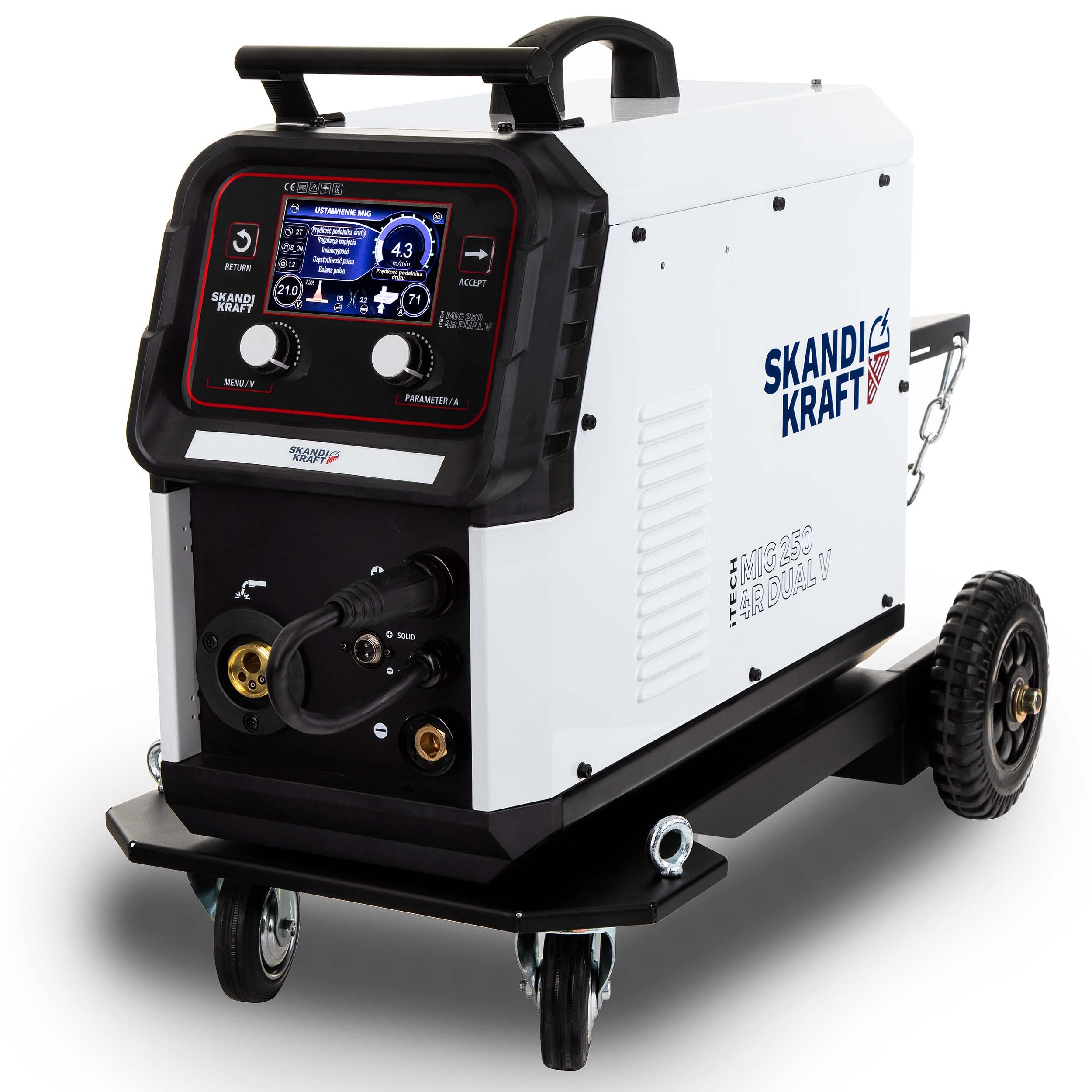 SKANDI KRAFT iTech MIG 250 MIG MAG Schweißgerät 400V 250A Doppelpuls, Schutzgasschweißgerät mit Schweißwagen, Industrie Schweißgerät für Aluminium - Bestschweissen.de