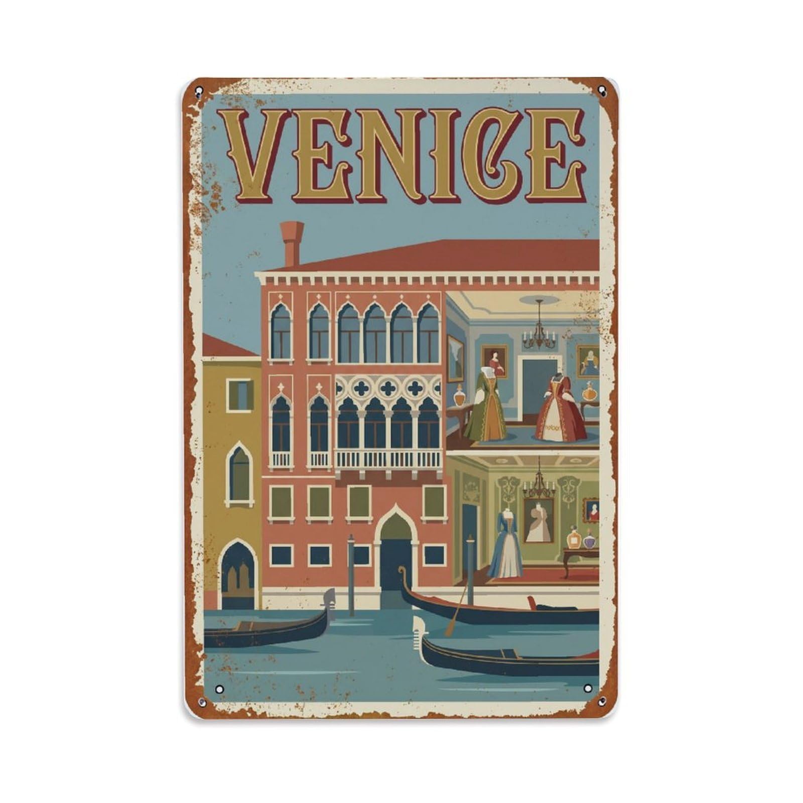 Vintage Travel Venice Palazzo Mocenigo Costume Museum Rusted Italy Metal Tin Sign Plaque Wall Decor for Cafe, Club Bar, Office, Home Garden Metal Poster 8x12Inch