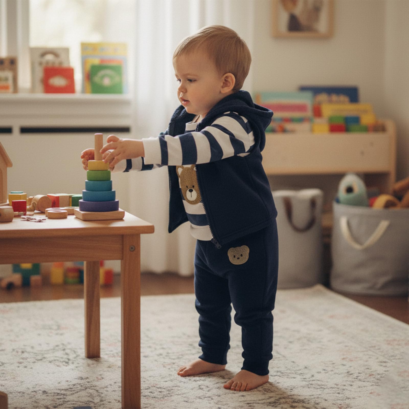 Carolilly Ensemble 3 pièces pour bébé garçon avec veste à capuche + t-shirt rayé ours + pantalon - Vêtements d'hiver pour enfants (6 mois à 3 ans)