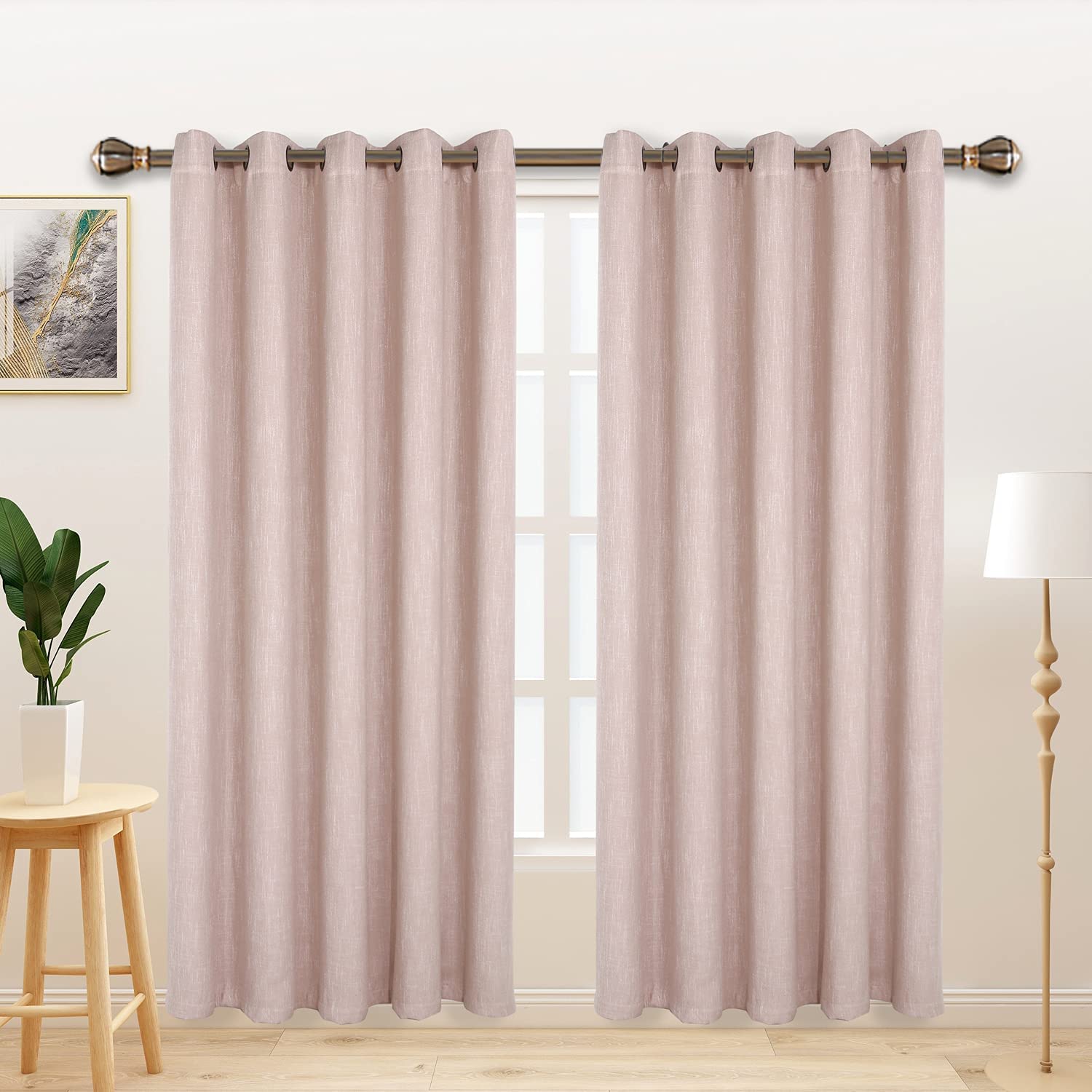 LORDTEX Linen Look Textured Blackout Curtains with Thermal Insulated Liner - Heavy Thick Grommet Window Drapes for Bedroom, 70 x 84 Inches, Blush, Set
