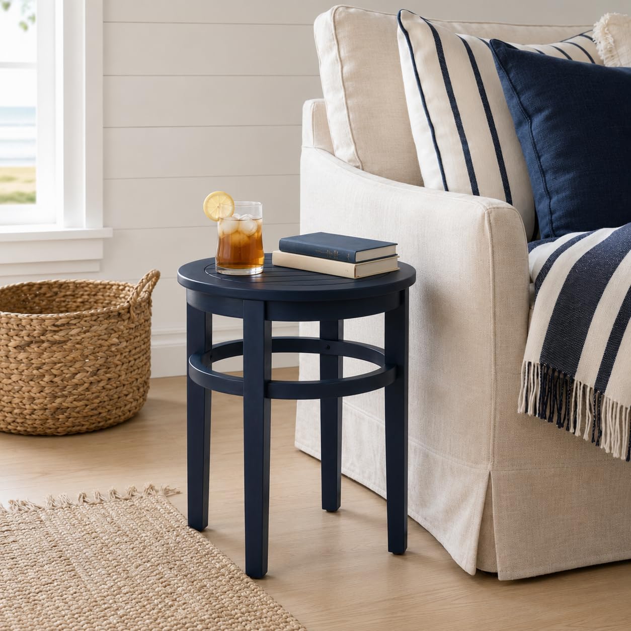 Solid Acacia Wood Side Table, 18" Round Nightstand Accent End Tables, Navy