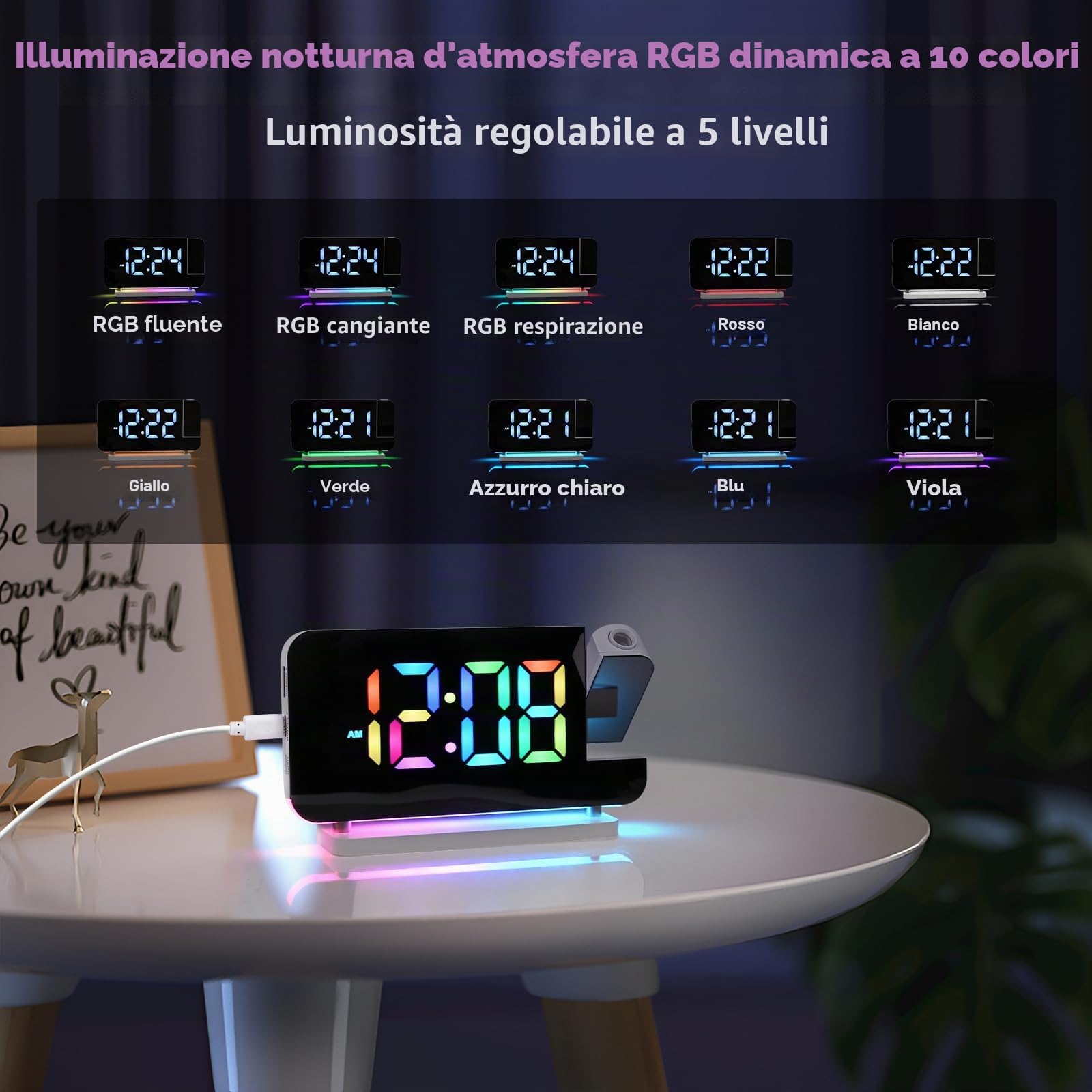 Euakee Sveglia Digitale, Sveglia con Proiezione, Orologio a Specchio LED da 7,4”, Luce Notturna a 10 Colori, Proiettore Ruotabile di 180°, Caricatore USB-C per Bambini Cameretta (Bianco)