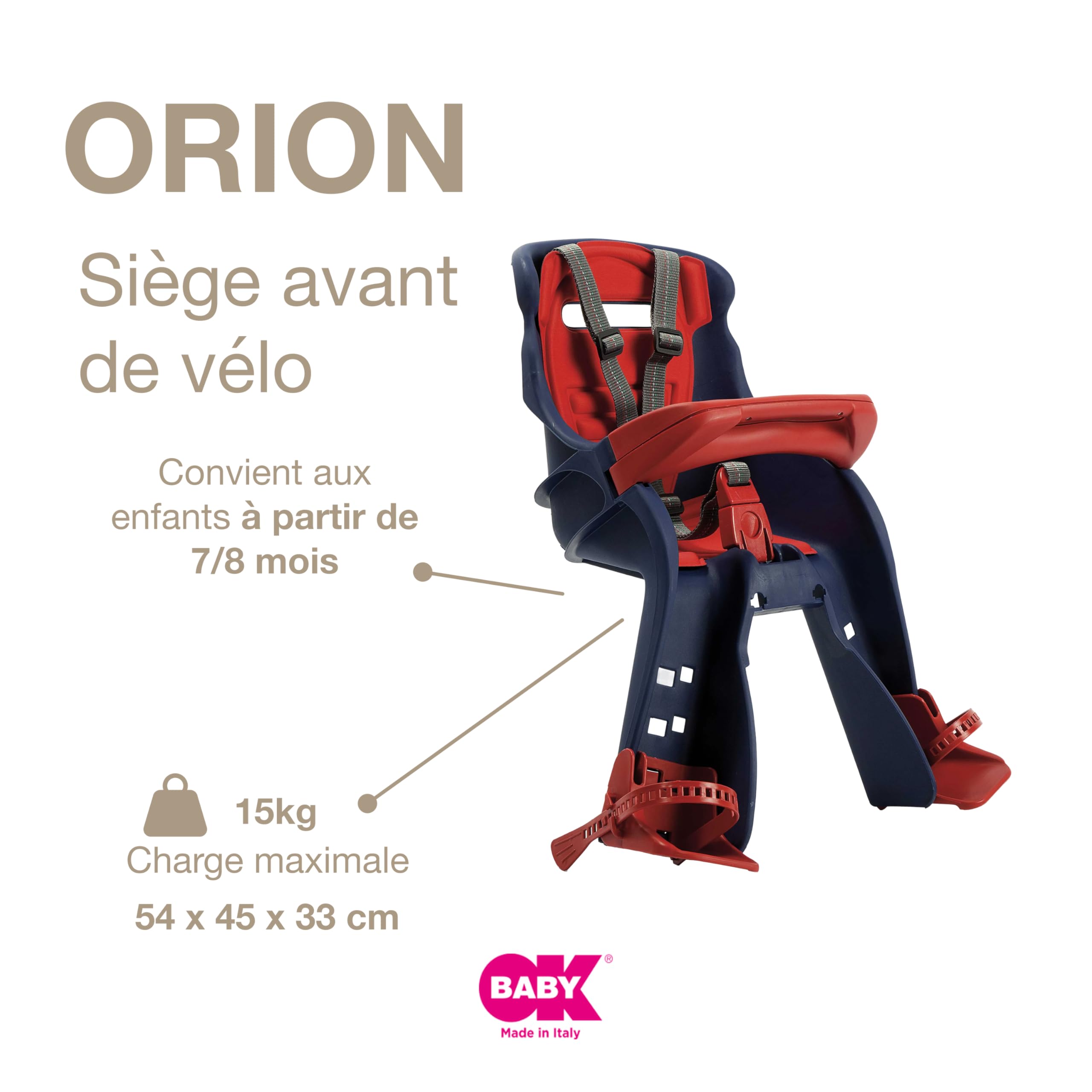 OKBABY Orion Siège enfant avant sécurité vélo 7/8 mois 15 kg bleu