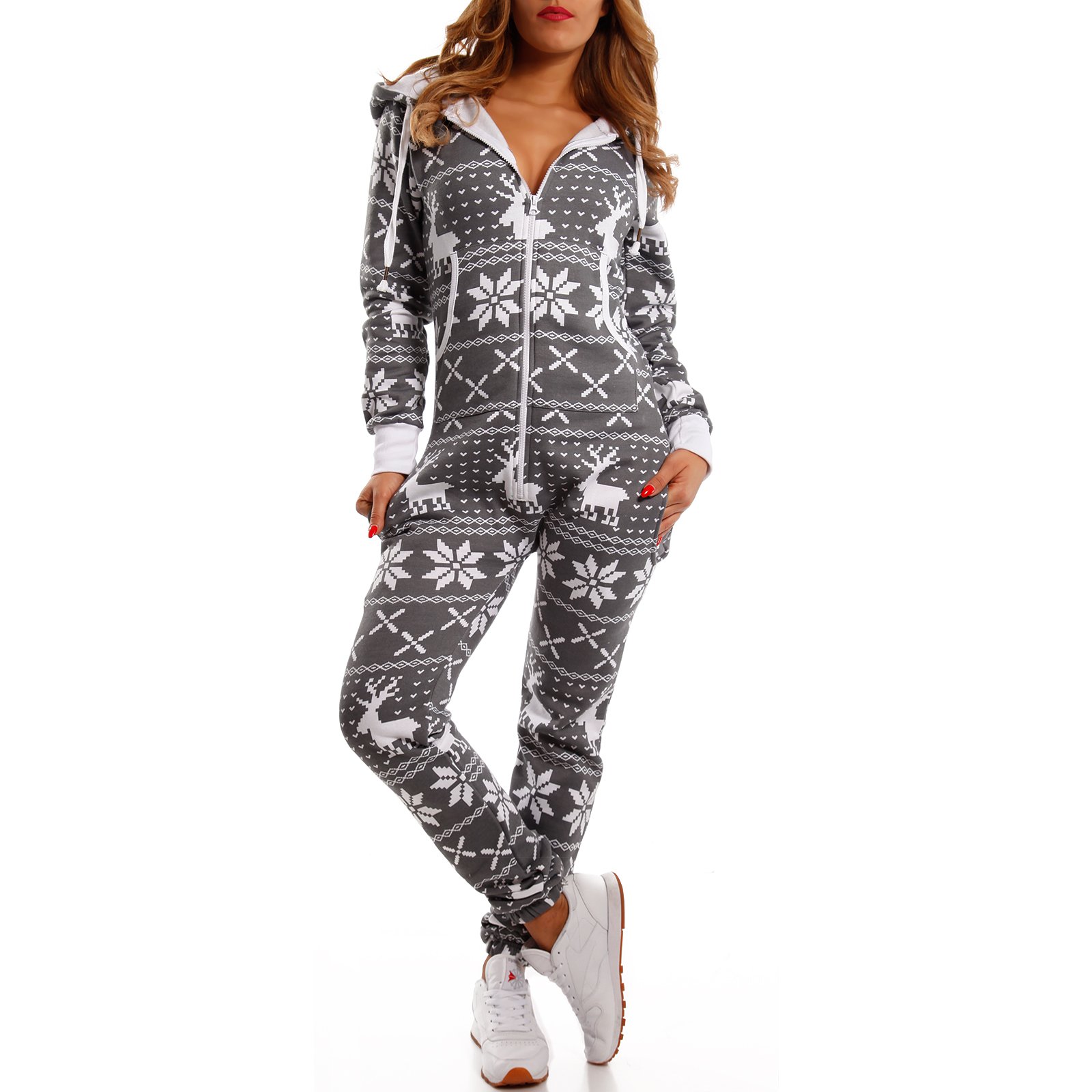 Crazy AgeKscheliger Jumpsuit Sweat Overall Ganzkörperanzug mit Renntier- Eiskristalle Motive CA-J-603 Relaxen Chillen (Anthrazit/Weiß