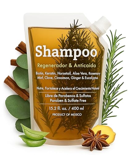 Champú de hierbas de 13.5 fl oz  con piezas visibles reales de romero, canela, anís, clavo, aloe, jengibre y eucalipto  Fortalece, Regenera, Acelera