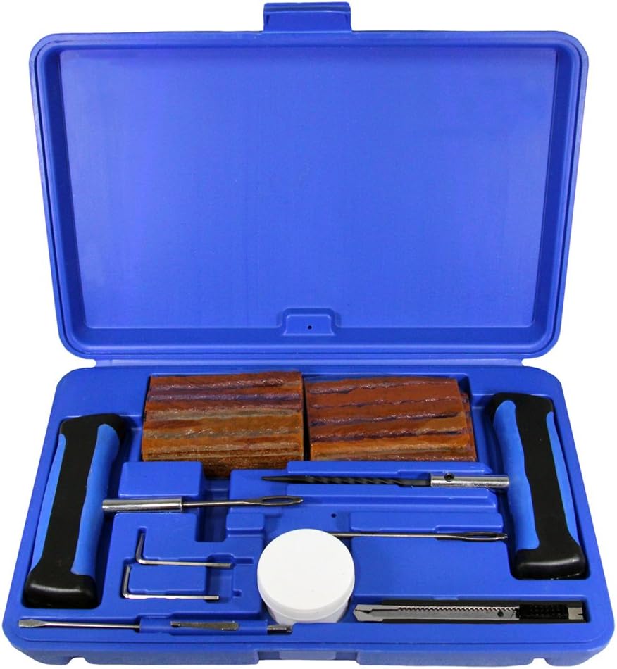 Grip 60 pc Premium Tire Repair Kit - T-Handle Insert Tool, T-Handle Spiral Probe Tool, Valve Core Screwdriver, Retractable Knife, Tire Lube, Insert Tool Replacement, Hex Keys, String Plugs