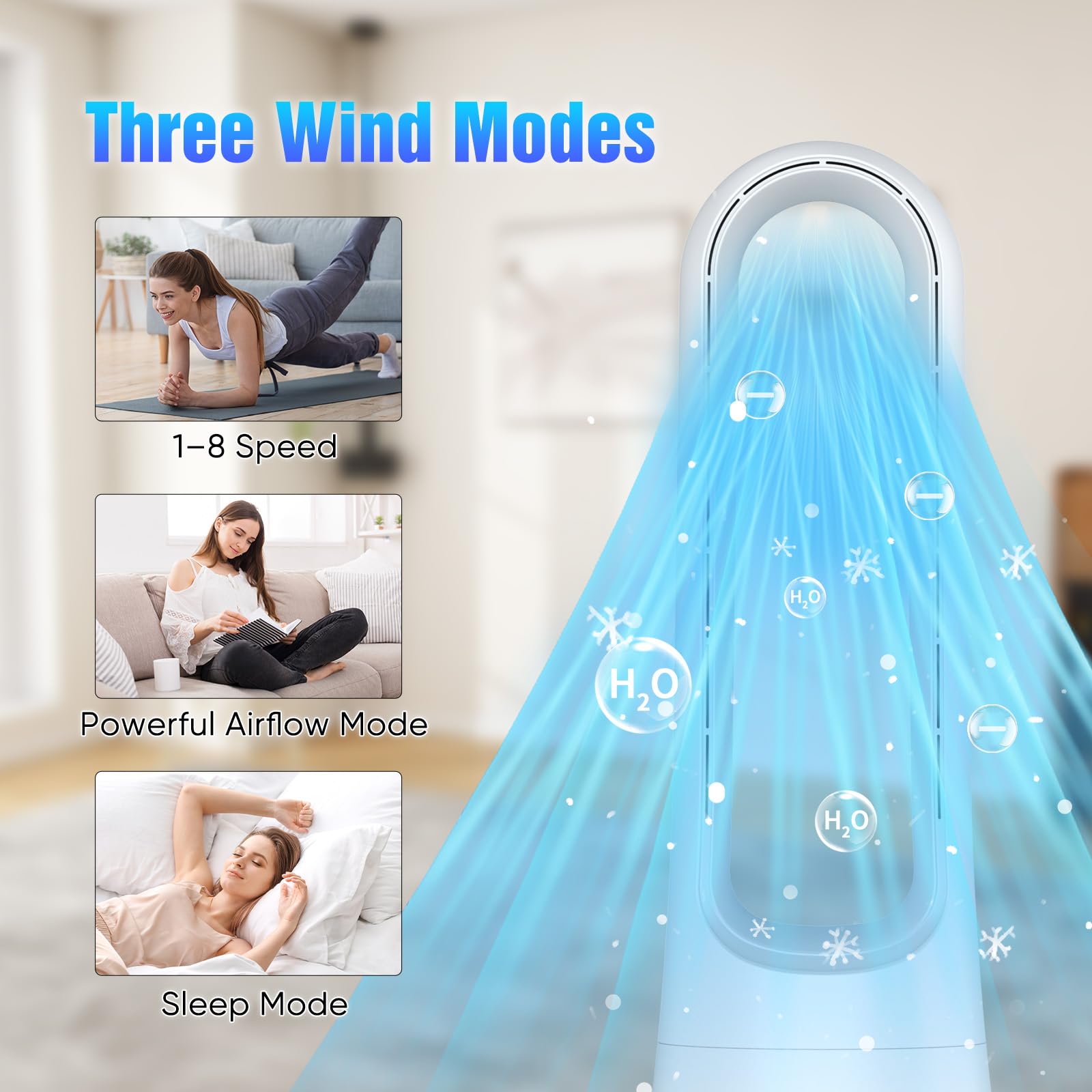 25 Zoll Blattloser Ventilator mit Fernbedienung, Turmventilator Standventilator 90° Oszillation 8H Timer Leiser Ventilator für Schlafzimmer, Luftventilator mit Touch-Bedienung (Schwarz-21 zoll)