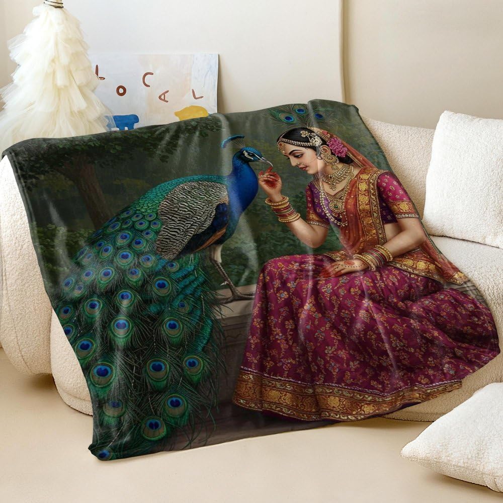Couverture en flanelle paon fantaisie jeté de lit chaud et doux