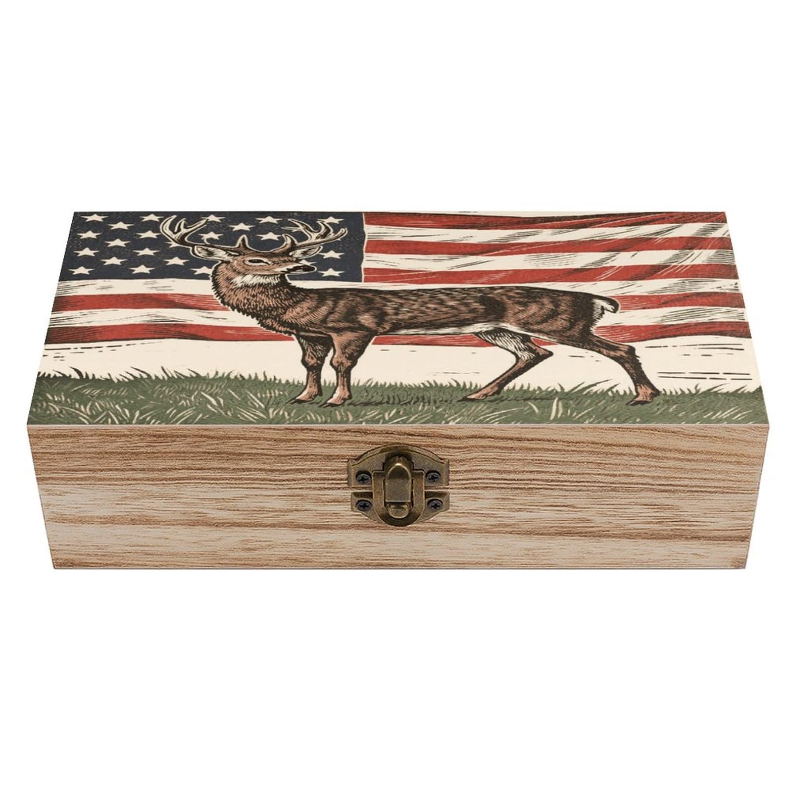 VstaDank Deer American Flag Wooden Box with Hinged Lid Handmade Wooden Jewelry Boxs Organizer Personalized Woodens Keepsake Box for Pictures Wedding Photo Jewelry Decorative Chest Rustic Crate