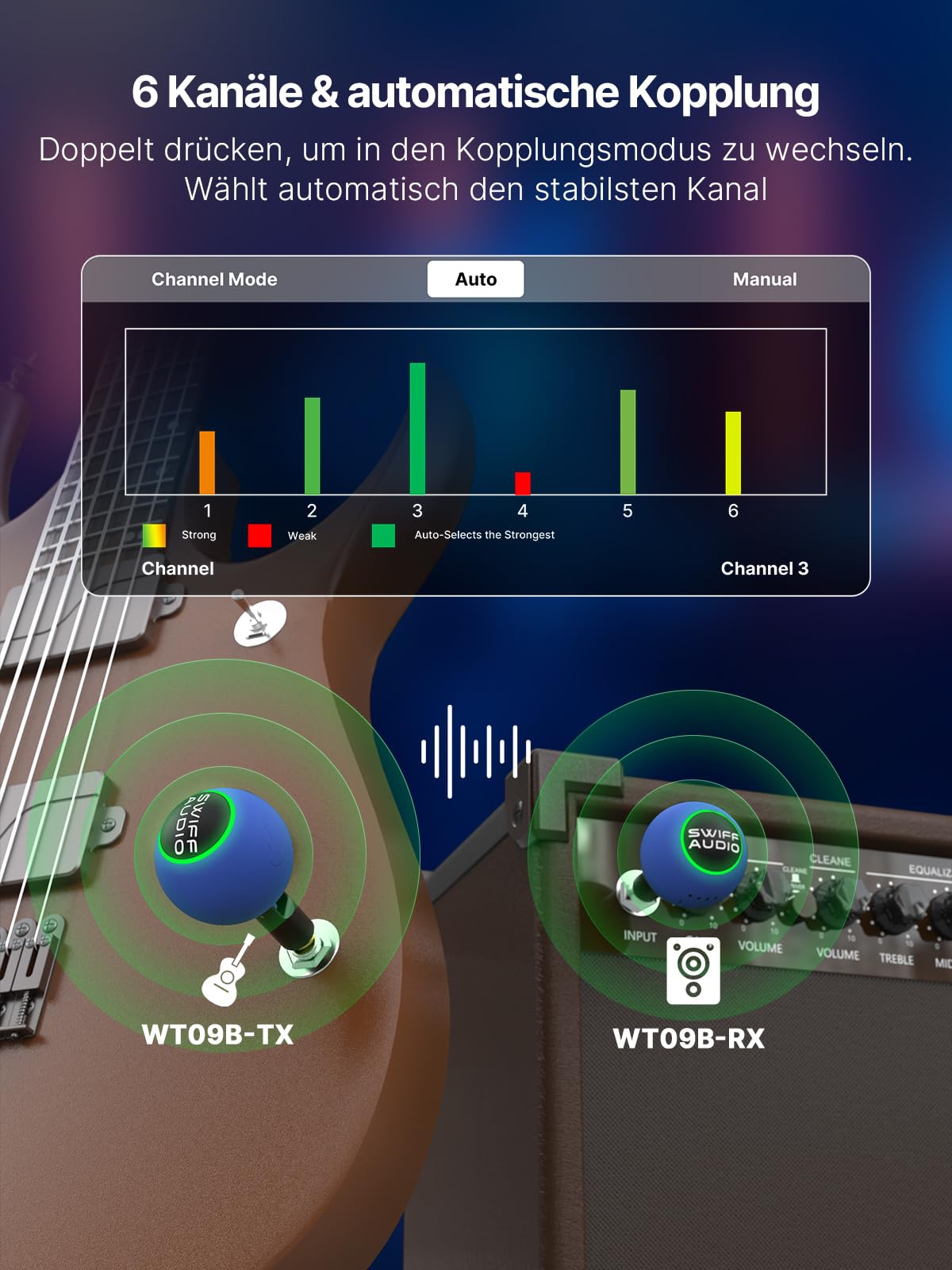 WT09B Funk-Gitarrensystem, Sender & Empfänger, 6 Kanäle mit Auto-Umschaltung, 5,8 GHz, <5,5 ms Latenz, 60 m Reichweite, 1 MΩ HiFi-Eingang, RGB-Anzeige, 4 Std. Laufzeit, Profi-Reiseset, Blau